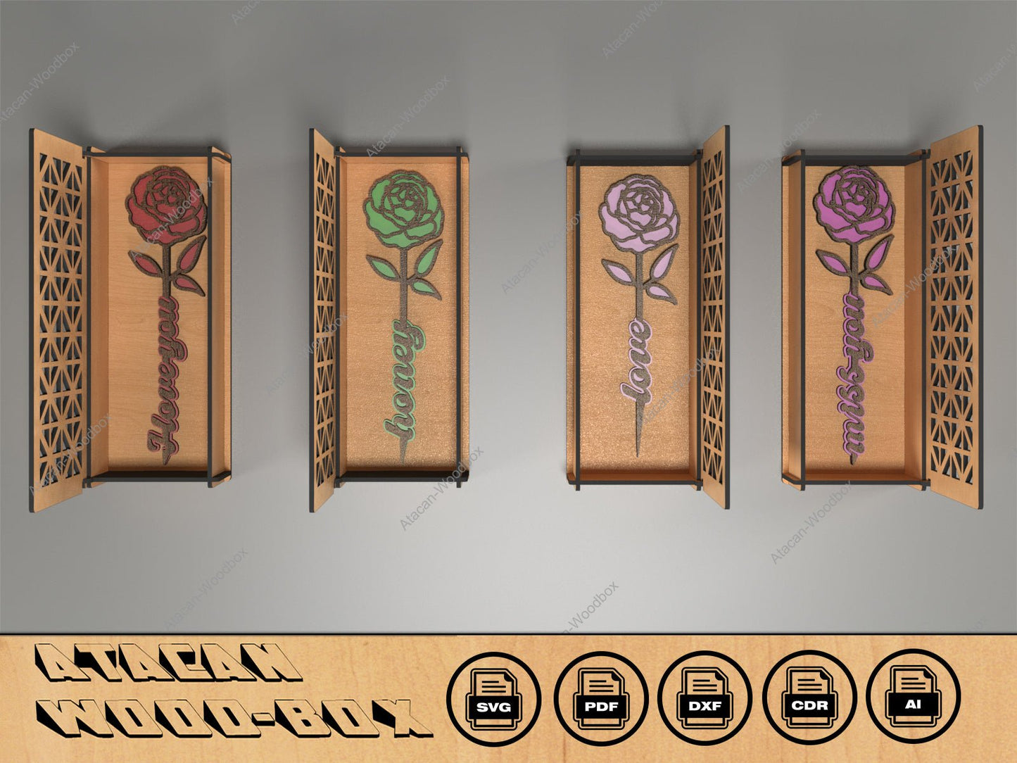 Box and Roses - Roamantic Flowers Gift - Valentines Day Laser Cut Files - Wooden Roses For Anniversary 403