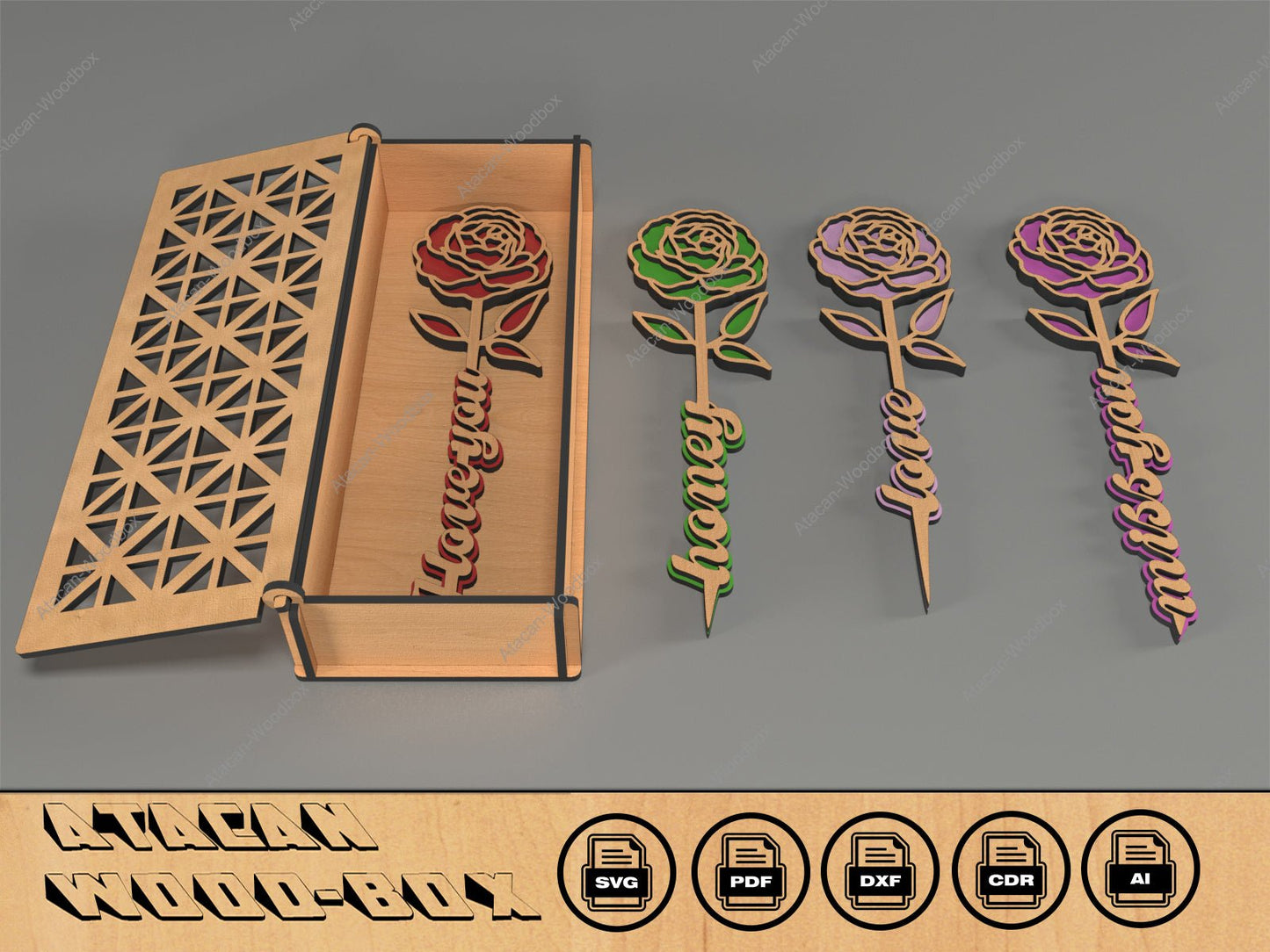Box and Roses - Roamantic Flowers Gift - Valentines Day Laser Cut Files - Wooden Roses For Anniversary 403