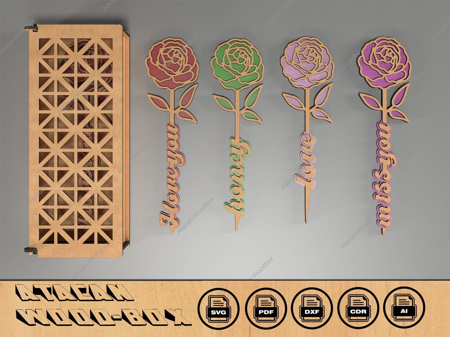 Box and Roses - Roamantic Flowers Gift - Valentines Day Laser Cut Files - Wooden Roses For Anniversary 403