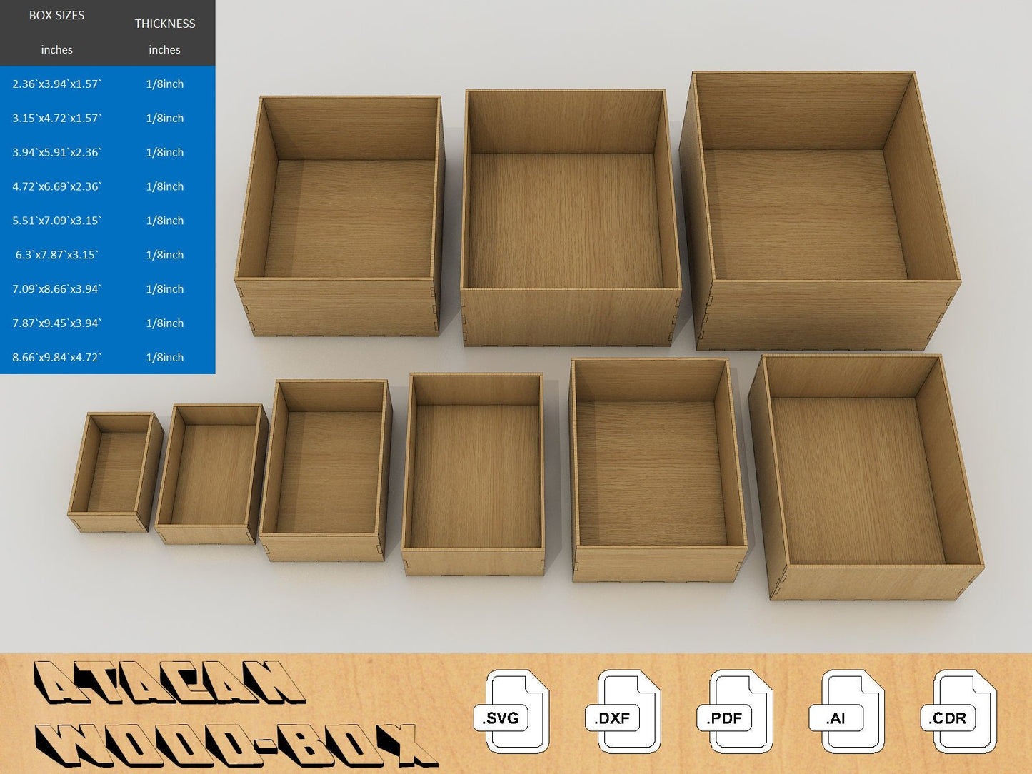 Box Templates for 1/8 inch material ,Boxes SVG, Laser Cnc Files, Different Sizes 056
