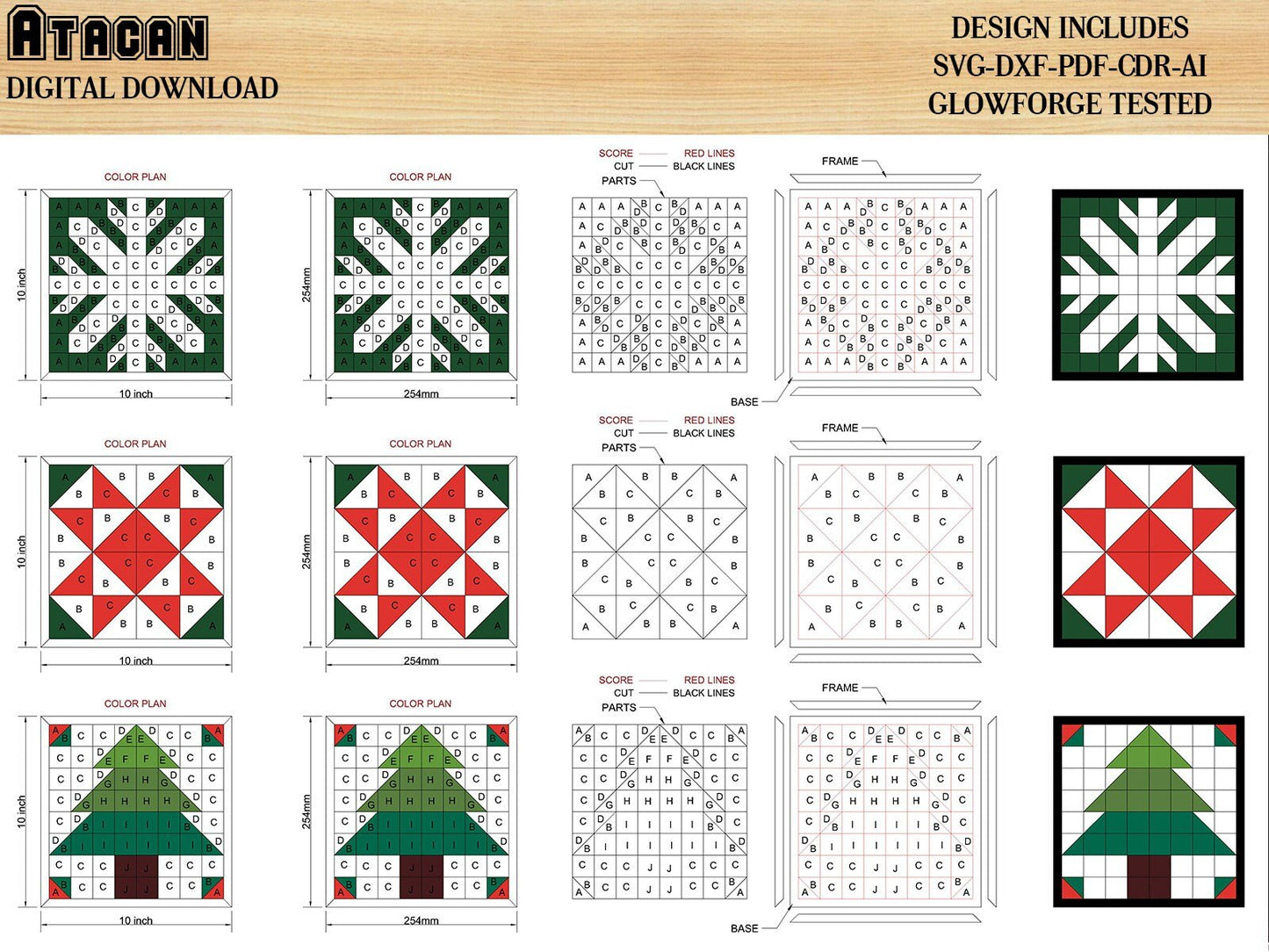 Christmas Barn Quilt Set / Noel Tree Quilt patterns / Christmas Tree Laser cut files / Snowflake Quilt blocks
