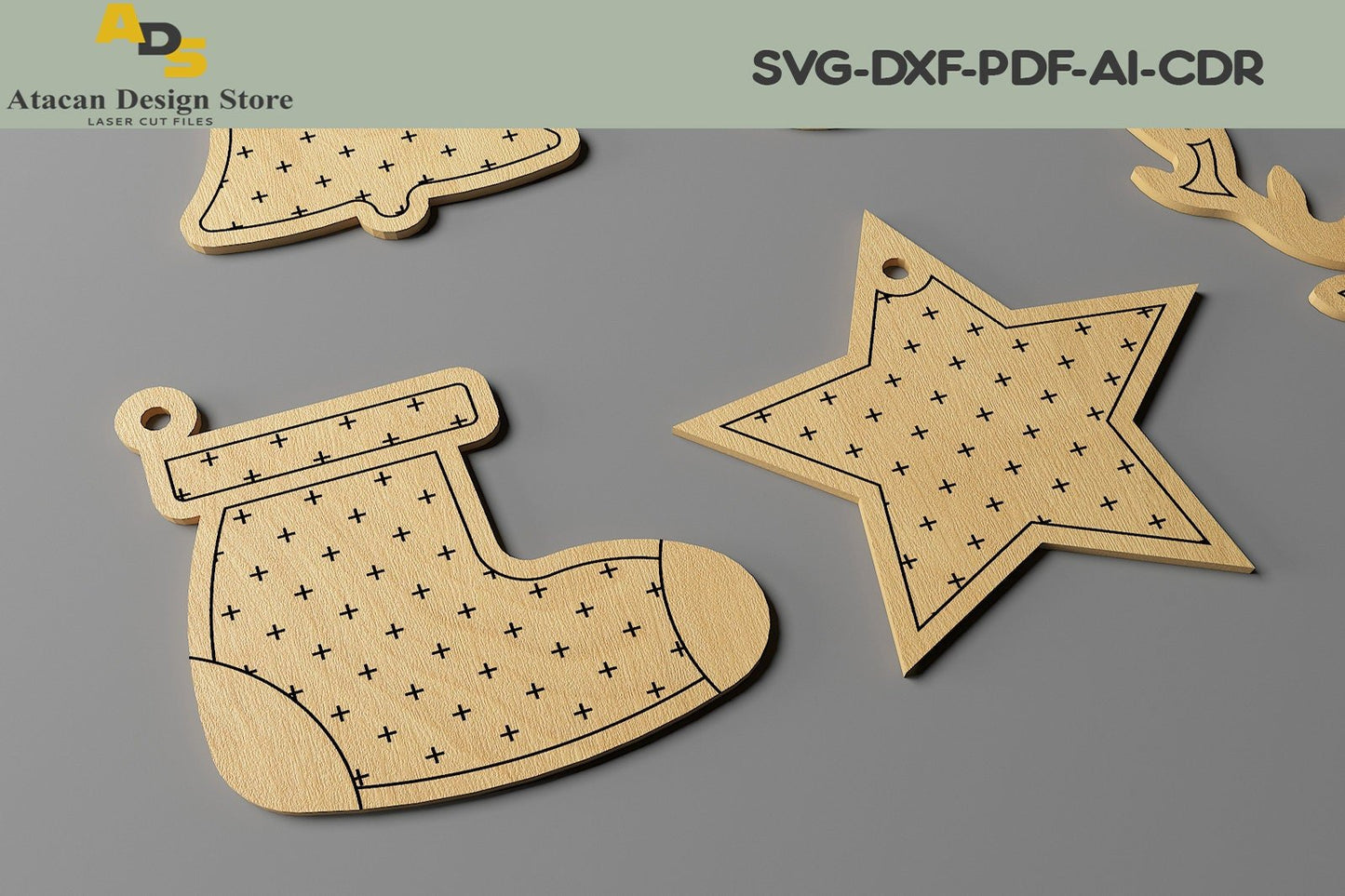 Christmas Ornaments Set / New Year Objects Laser Cut / Noel Vector Files SVG, DXF, CDR ADS221
