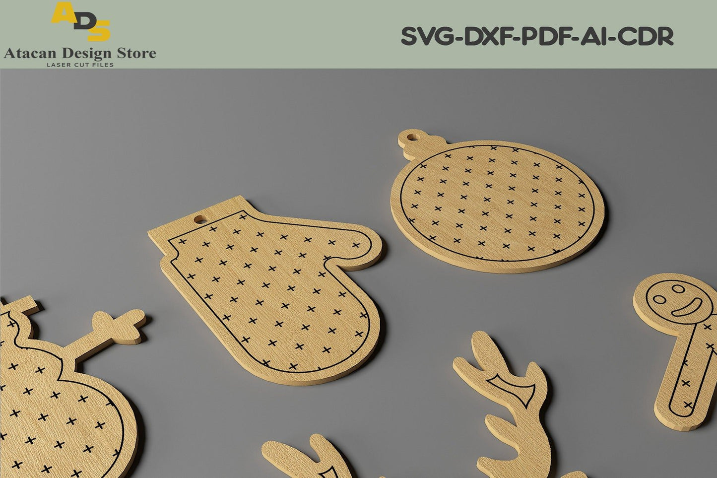 Christmas Ornaments Set / New Year Objects Laser Cut / Noel Vector Files SVG, DXF, CDR ADS221