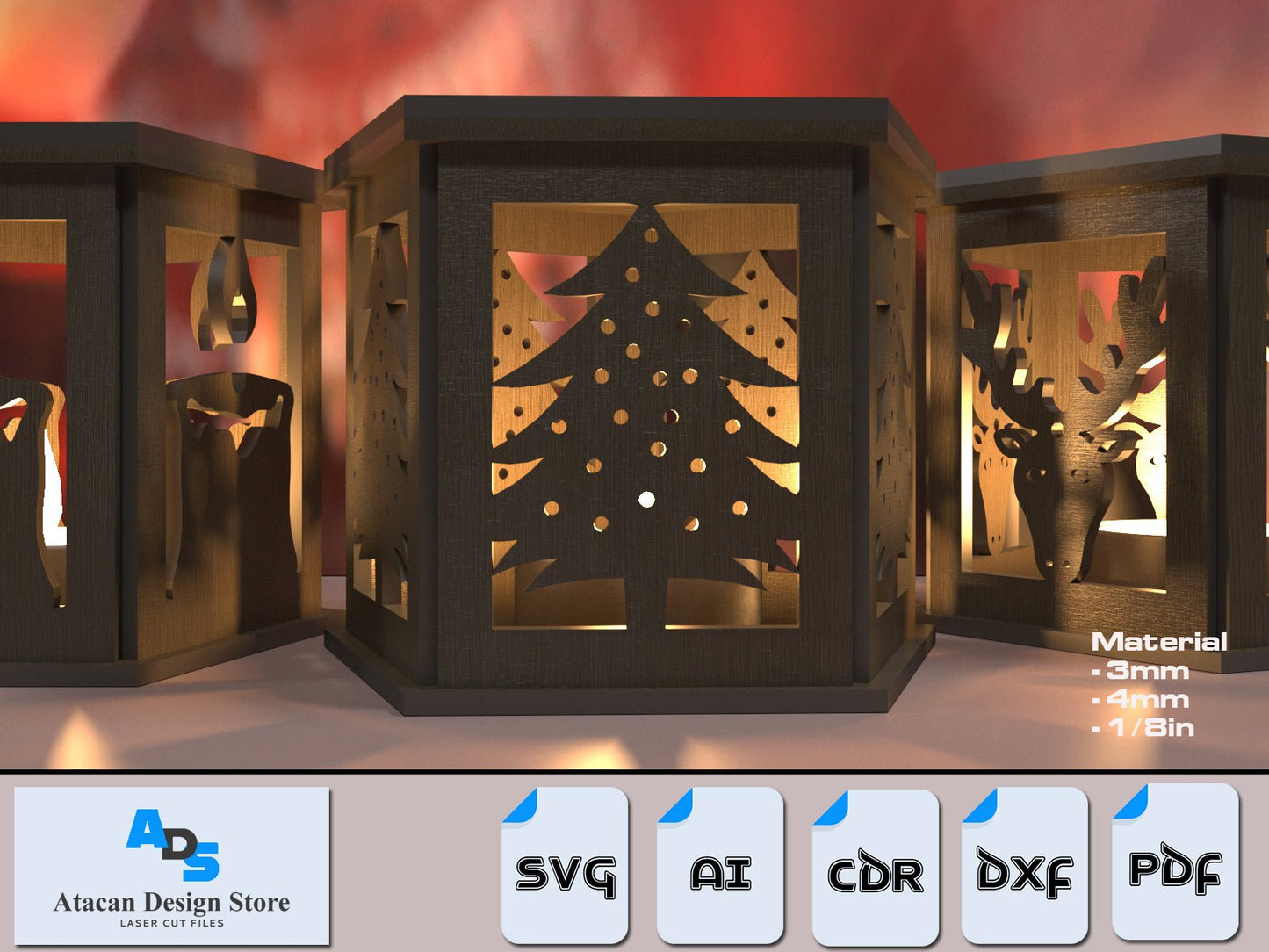 Christmas Pentagon Floor Lamps / New Year Light Design / Candle Holder / Tealight Holder / Christmas Tree Lantern Gift DXF SVG Ai CDR ADS352