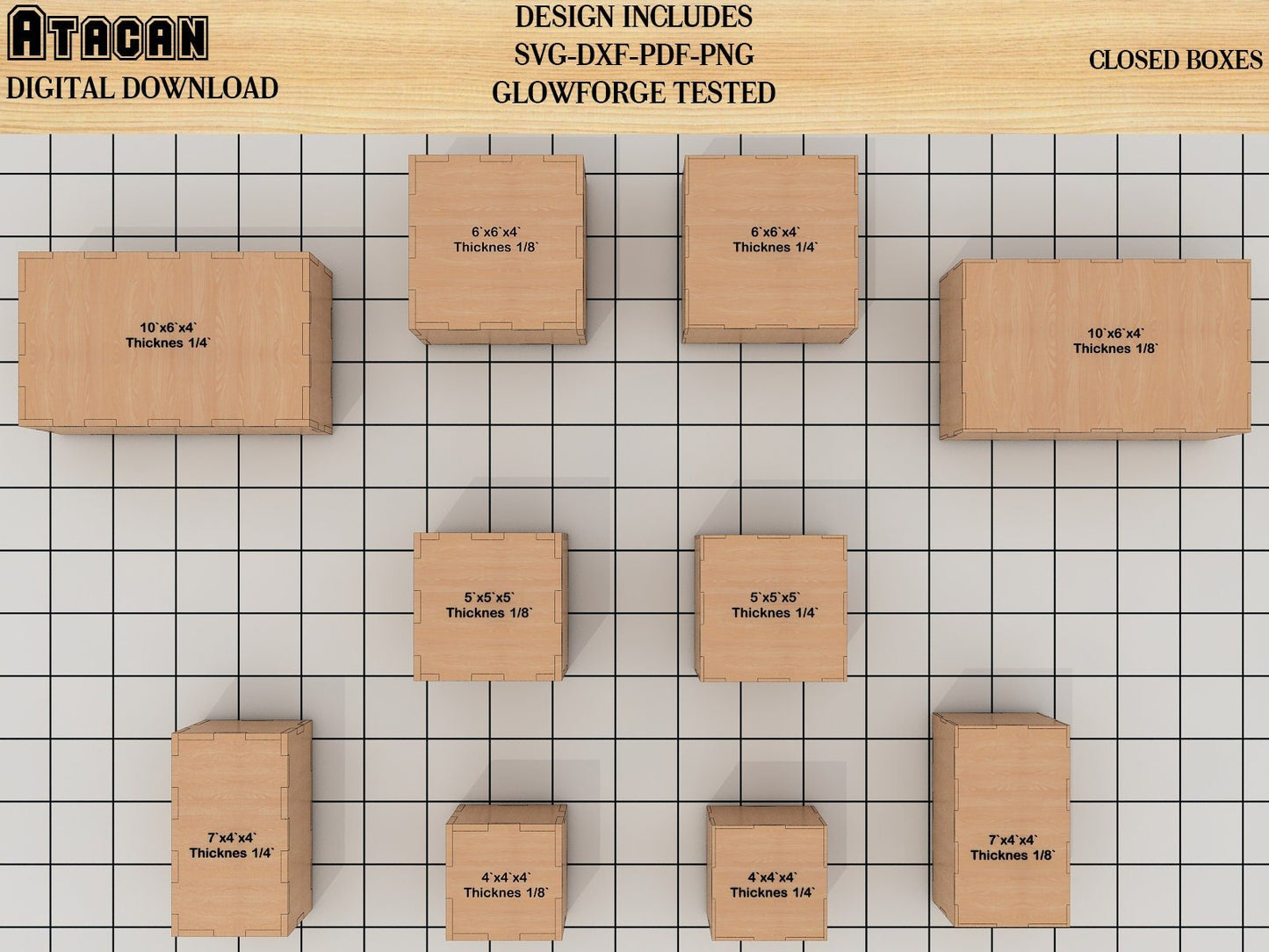 Closed Box laser cut SVG files in different sizes / Glowforge laser cut plan 214