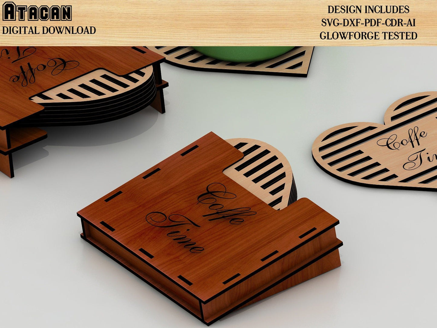 Coaster box and heart coaster laser cutting file, SVG Laser Cut Files glowforge download 311