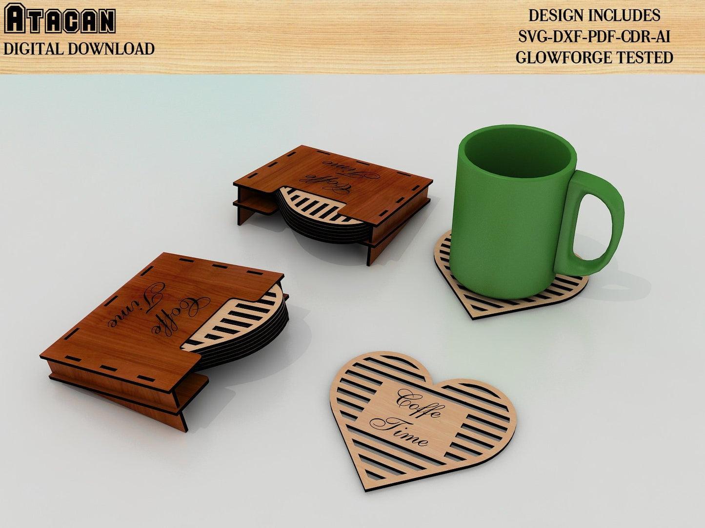Coaster box and heart coaster laser cutting file, SVG Laser Cut Files glowforge download 311