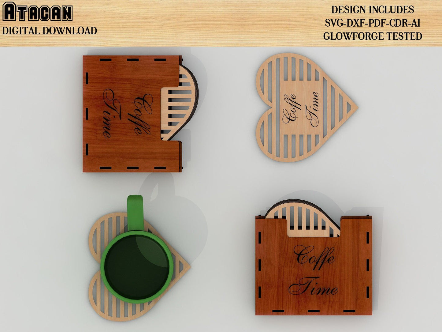 Coaster box and heart coaster laser cutting file, SVG Laser Cut Files glowforge download 311