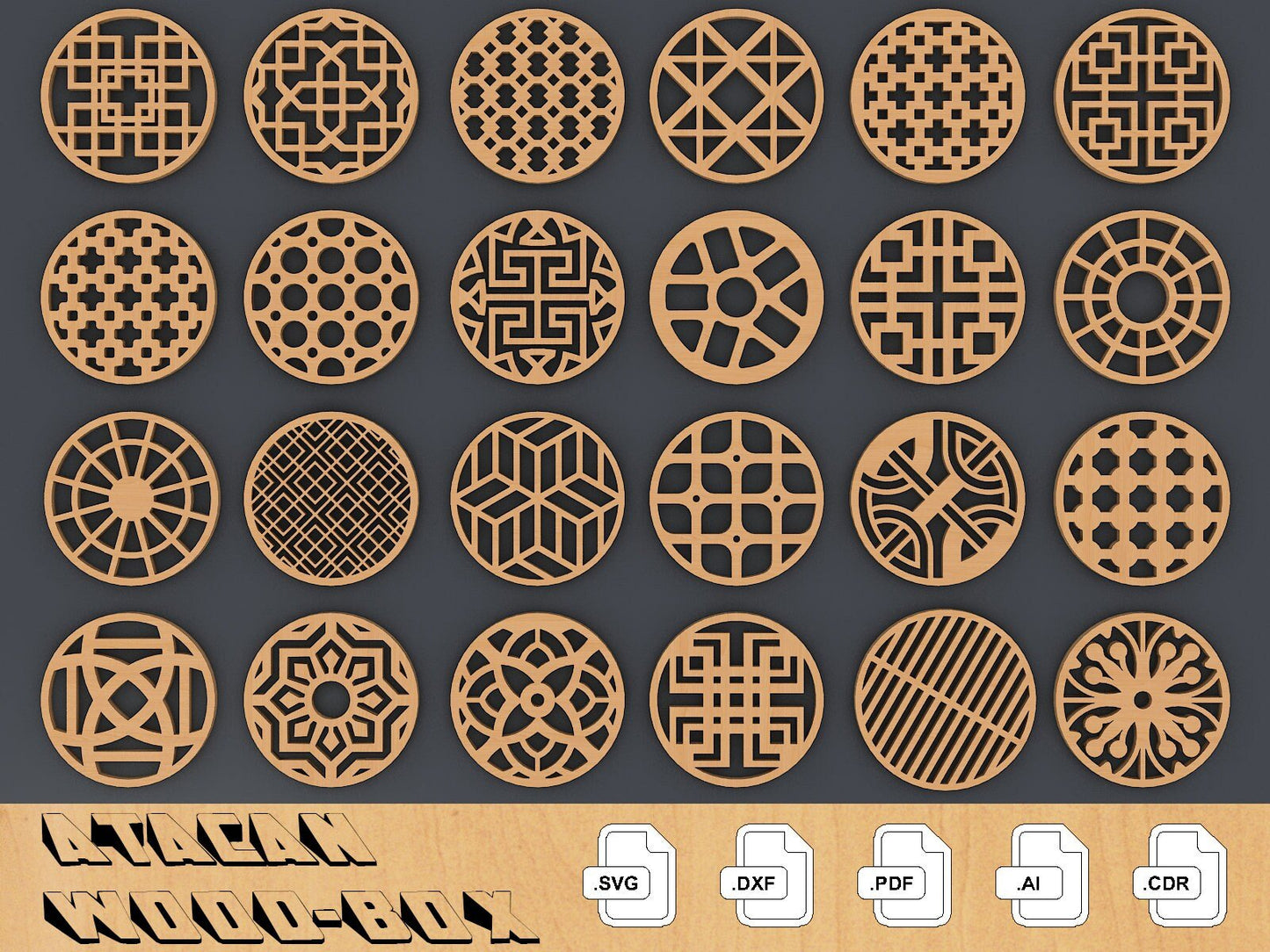 Coaster Bundle Templates Vector Digital SVG DXF Files Instant Download, Laser Cutting GlowForge 091