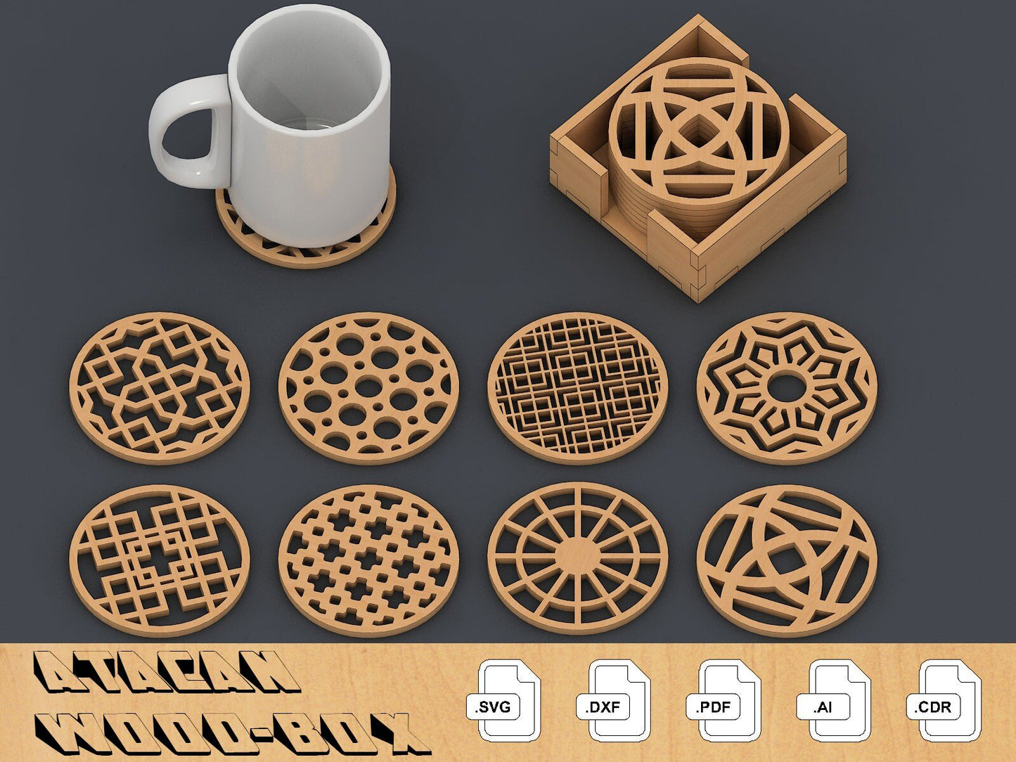 Coaster Bundle Templates Vector Digital SVG DXF Files Instant Download, Laser Cutting GlowForge 091