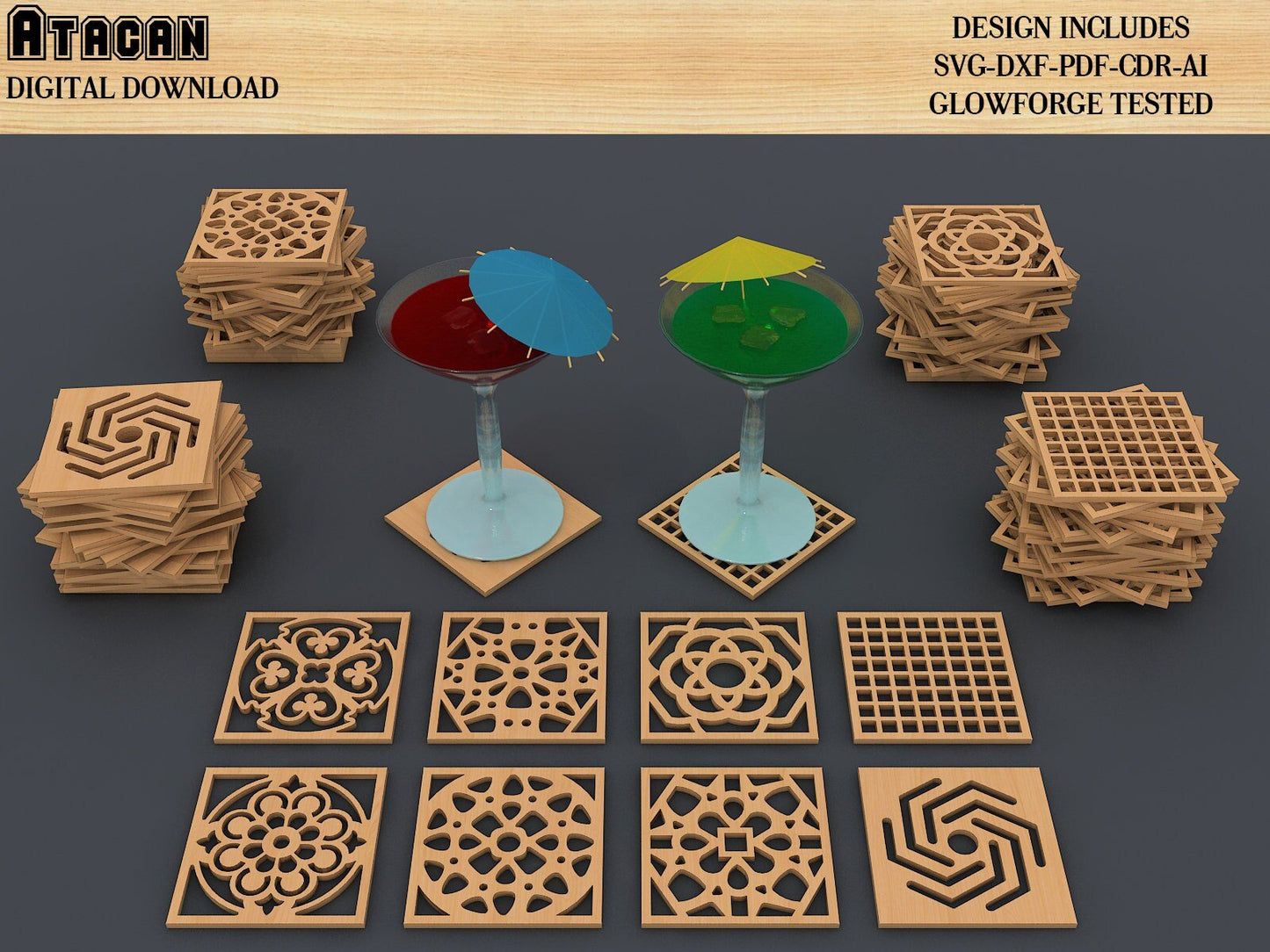 Coaster Bundle, Wall Decor laser SVG cutting file, CNC Laser Cut Vector Files, Glowforge Coaster Templates 343