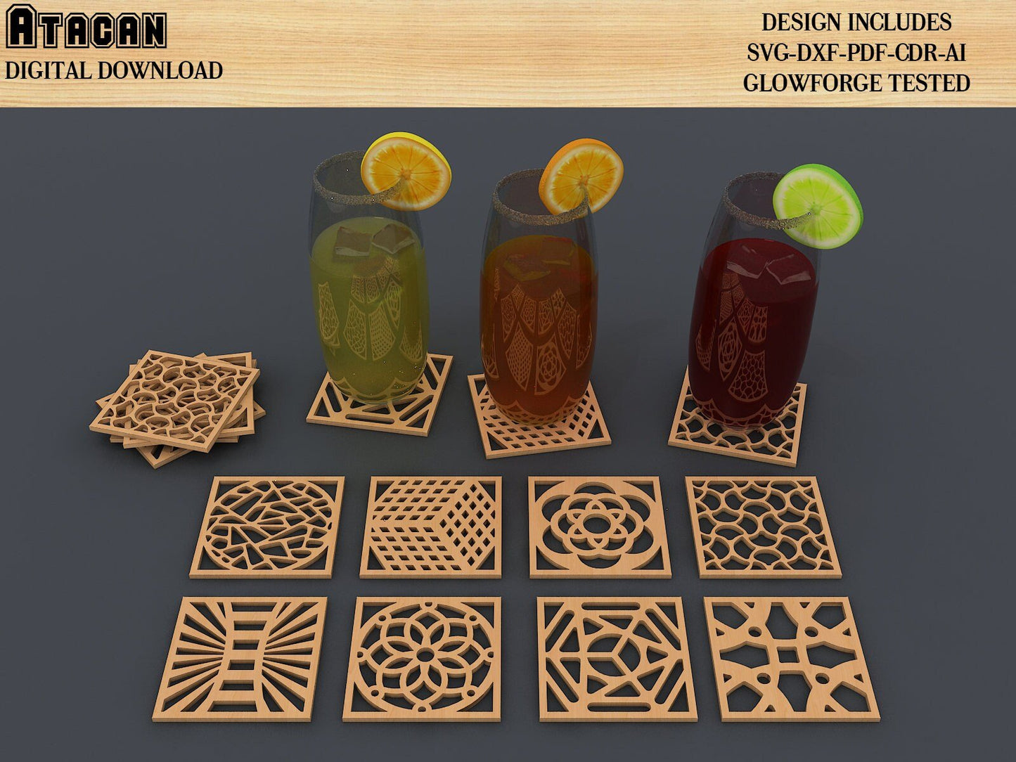 Coaster Design Set / Glowforge Laser cut file / Cricut SVG Cutting File / cnc vector plans / custom vector templates 345