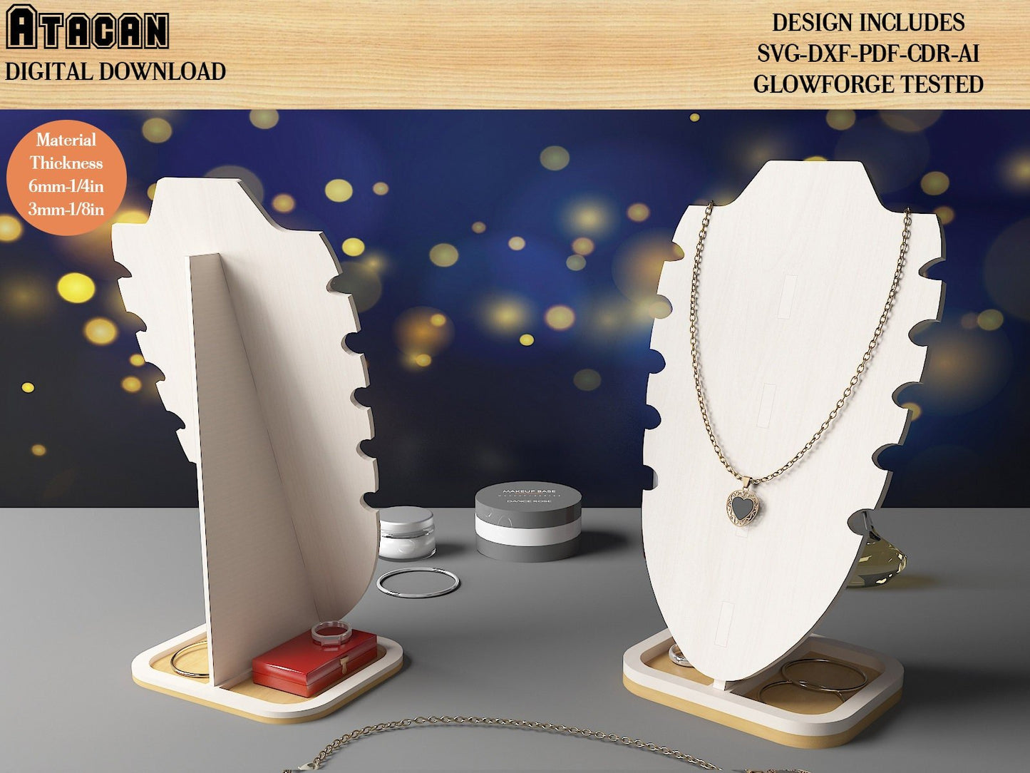 Custom Necklace Stand / Jewelry Bracelet Display / Wooden Necklace Organizer / Glowforge Laser Cut Files / SVG DXF CDR Ai 488