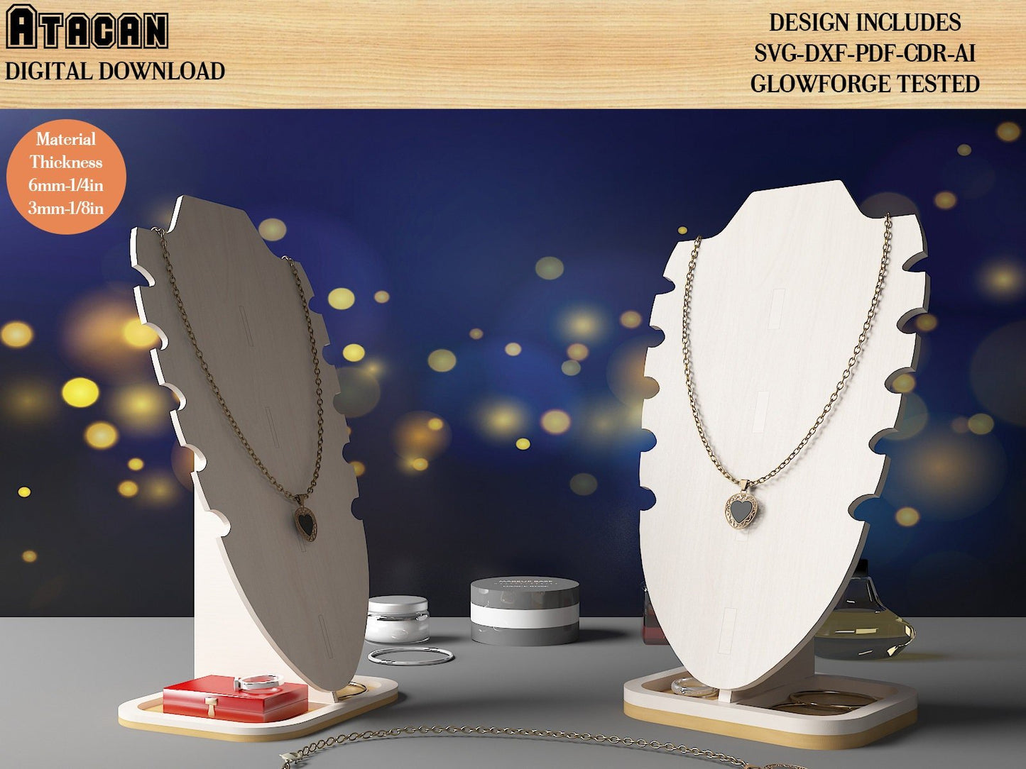 Custom Necklace Stand / Jewelry Bracelet Display / Wooden Necklace Organizer / Glowforge Laser Cut Files / SVG DXF CDR Ai 488