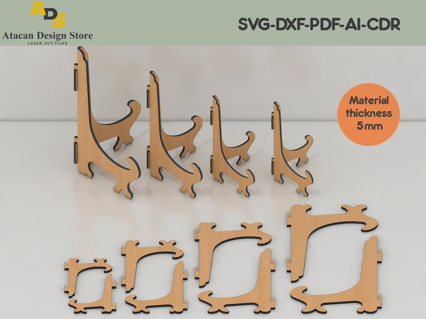 Display Stand Holders / Small Easel Rack / Glowforge laser cut svg file / Laser cut Easel ADS011