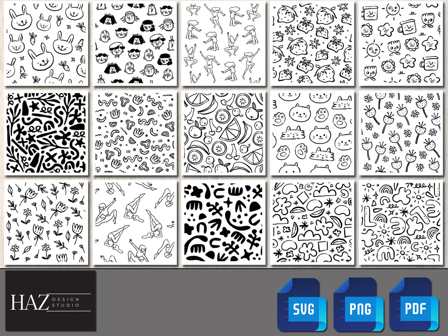 Funny Seamless Pattern Set / Cute Flowers Fruits Animals Patterns / Kids Pattern Wallpapers / Animals Transparent Background PNG SVG PDF 166