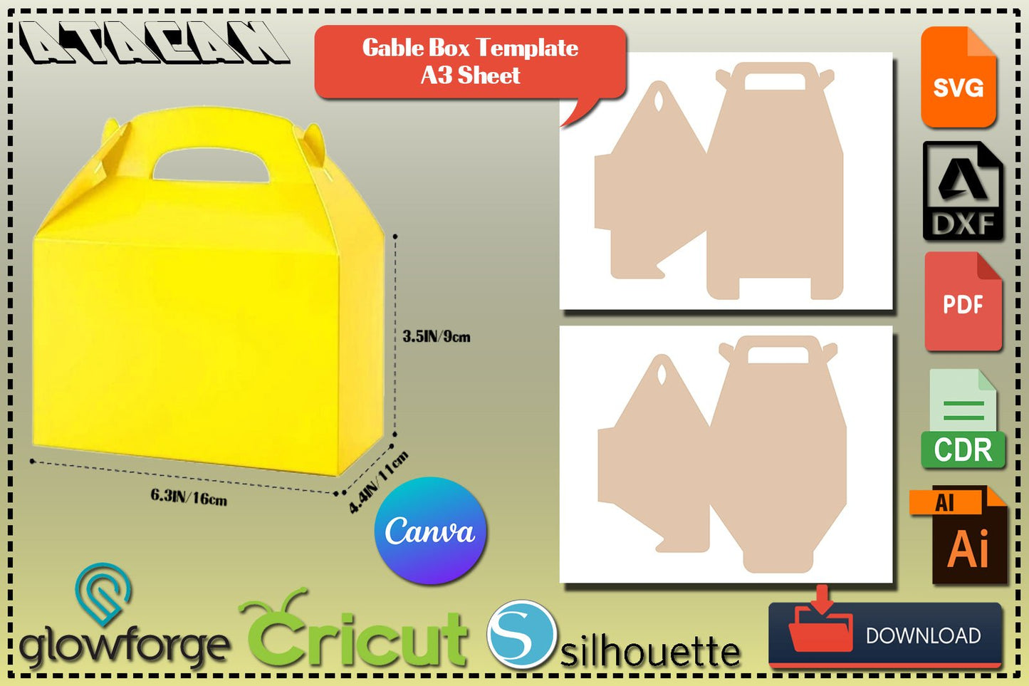 Gable Gift Box Template / Cut files for Cricut or Silhouette A3 sheet Canva SVG DXF Ai CDR 356