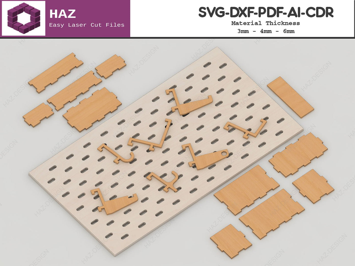 Hanging Pegboard with Hooks / Peg Board and Compatible Accessories / Wall Organizer with Shelves SVG Ai DXF CDR 081
