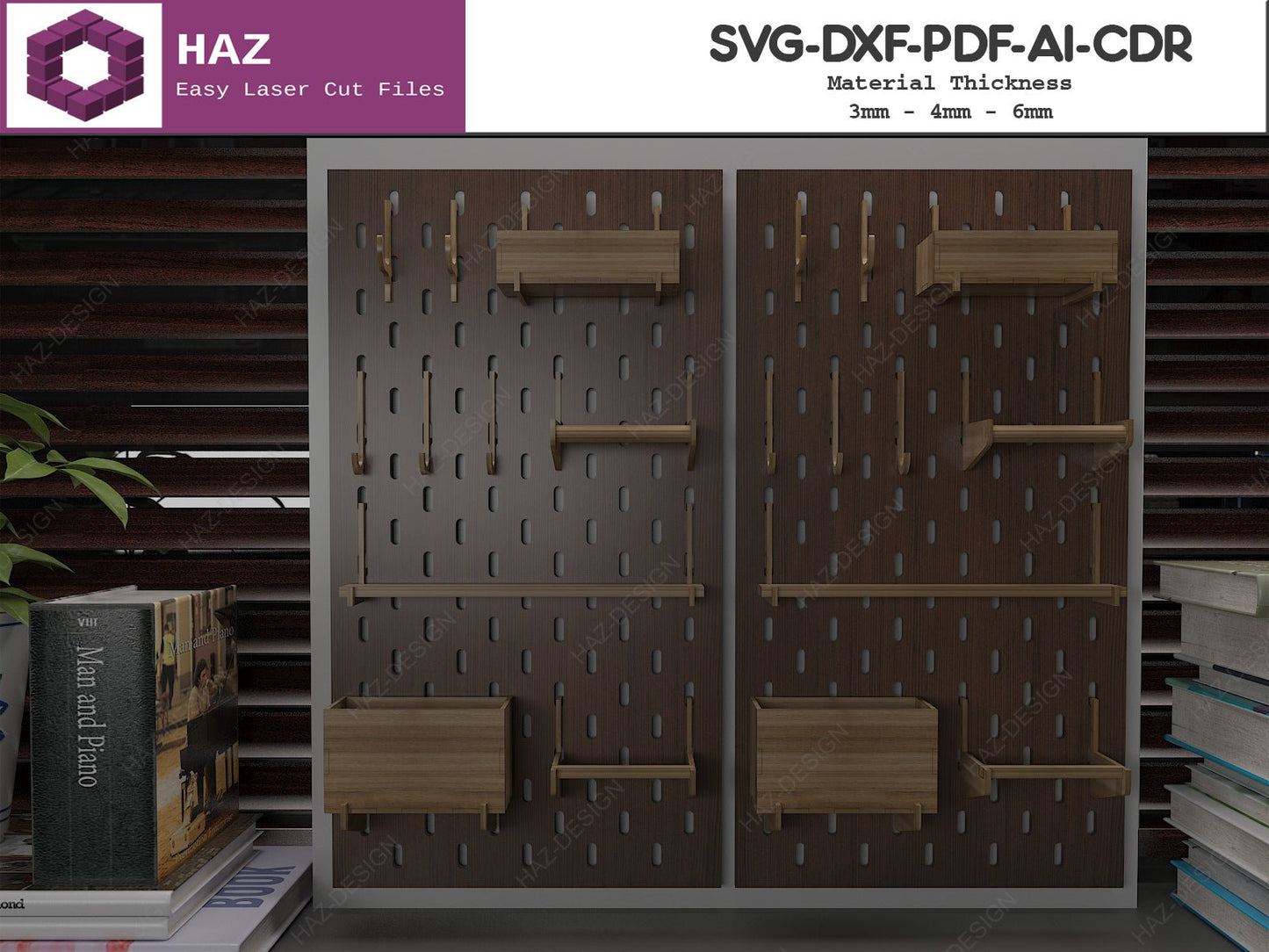 Hanging Pegboard with Hooks / Peg Board and Compatible Accessories / Wall Organizer with Shelves SVG Ai DXF CDR 081