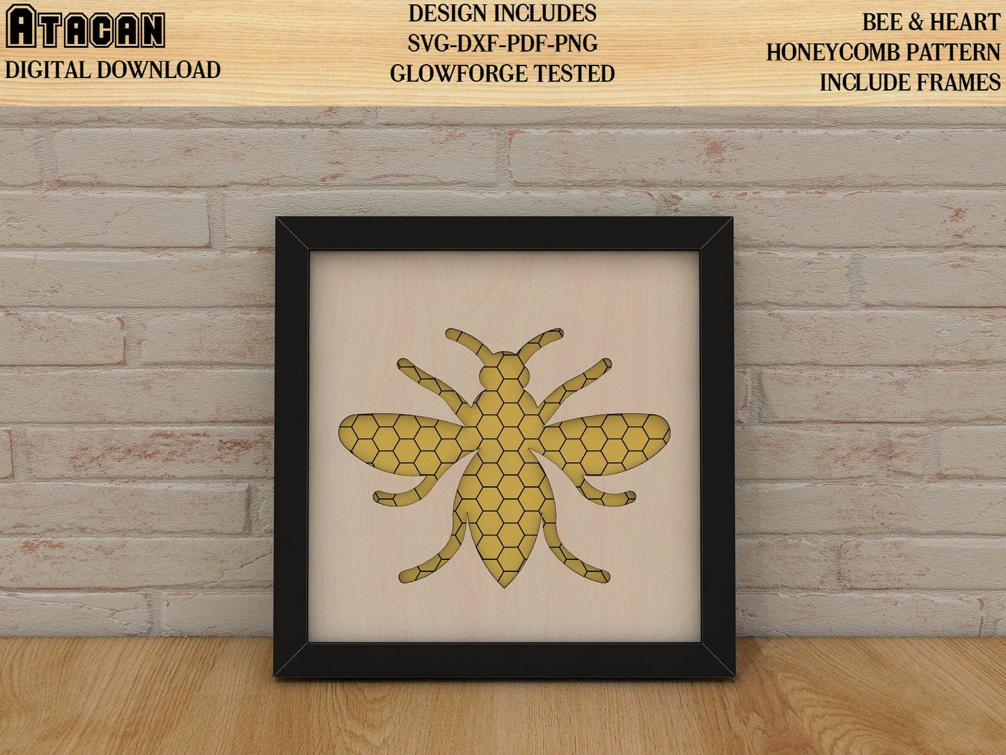 Heart with Honeycomb & Bee Laser cut SVG Files, include frame Glowforge cut plan 230