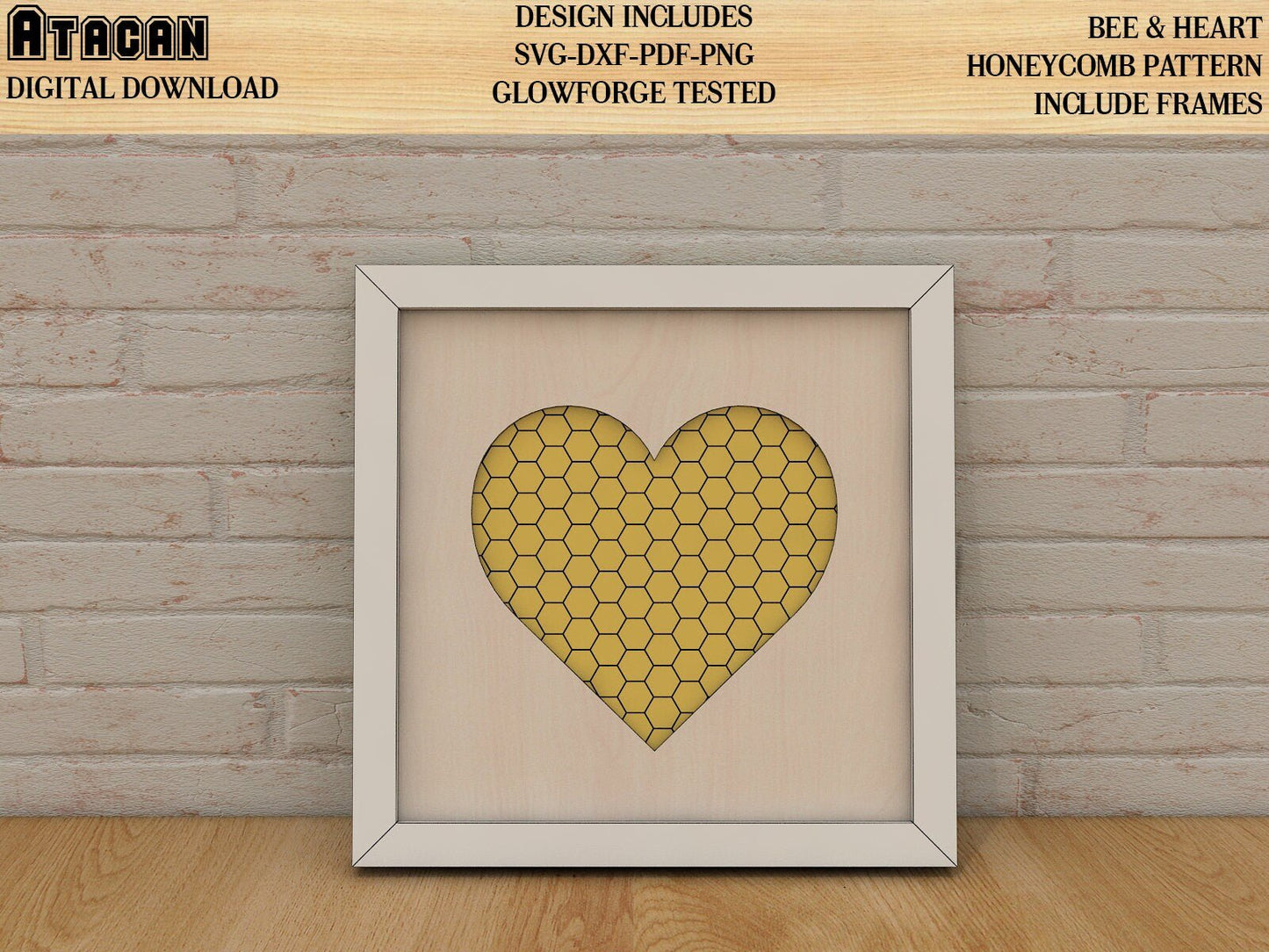 Heart with Honeycomb & Bee Laser cut SVG Files, include frame Glowforge cut plan 230