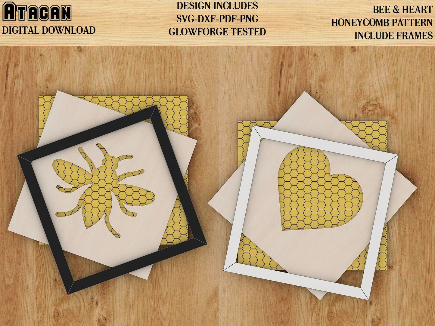 Heart with Honeycomb & Bee Laser cut SVG Files, include frame Glowforge cut plan 230