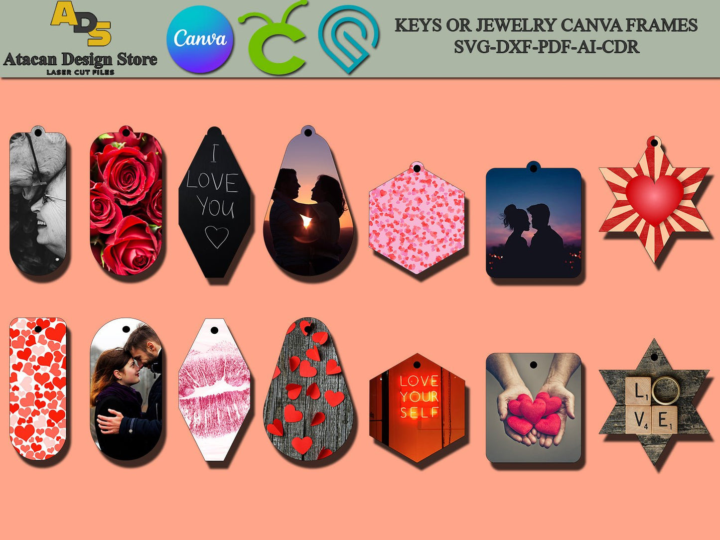 Keychain Templates for Canva / Keychain Canva Frames / Easy Drag and Drop Designs SVG DXF Ai CDR 329