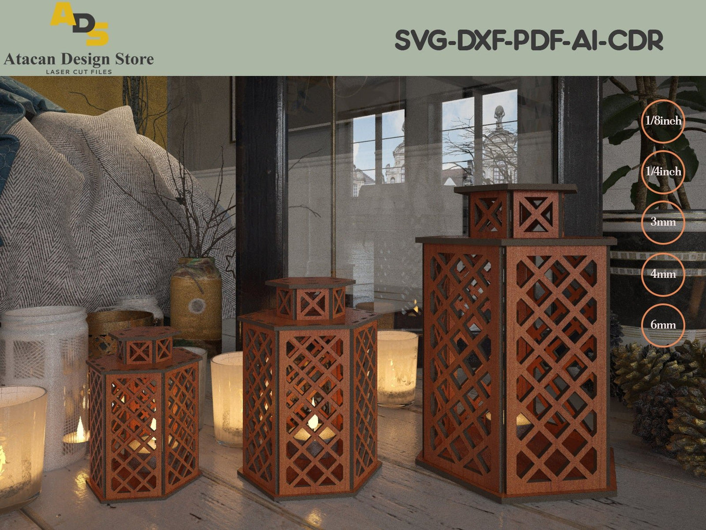 Laser Cut Candle Light / Candlestick Lamp Vector Plans / Wood Lamphsade Templates ADS193