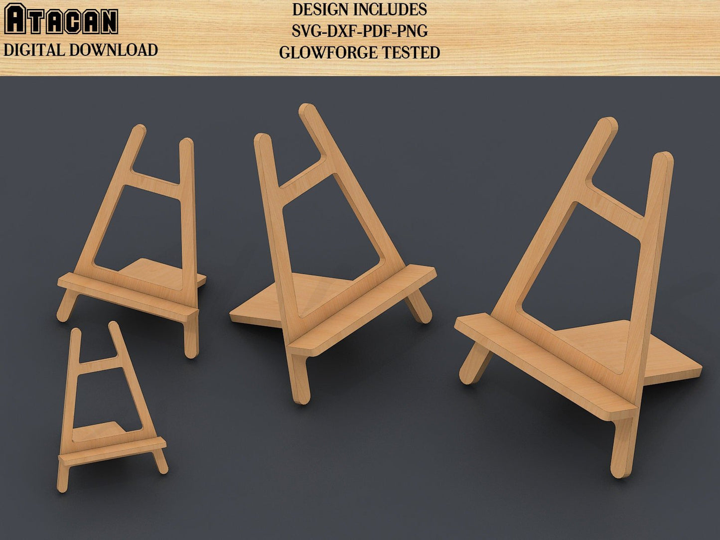 Laser cut EASEL stand Svg / Easy to use Glowforge files and laser cut files / 4 Sizes and Thickness / 363
