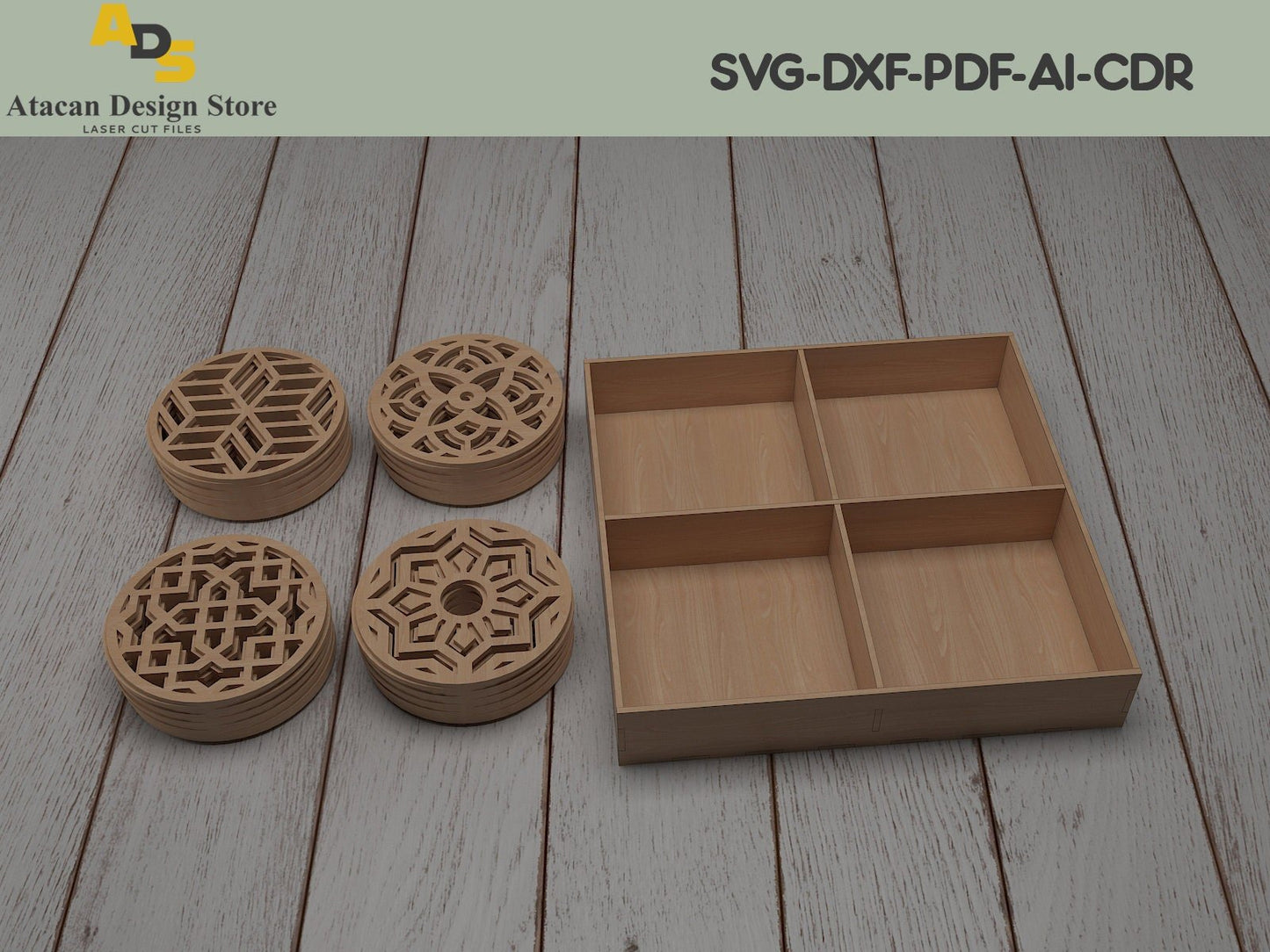 Laser cut Round Patterned Coaster Templates Set / Coasters for drink and Divided Box ADS207