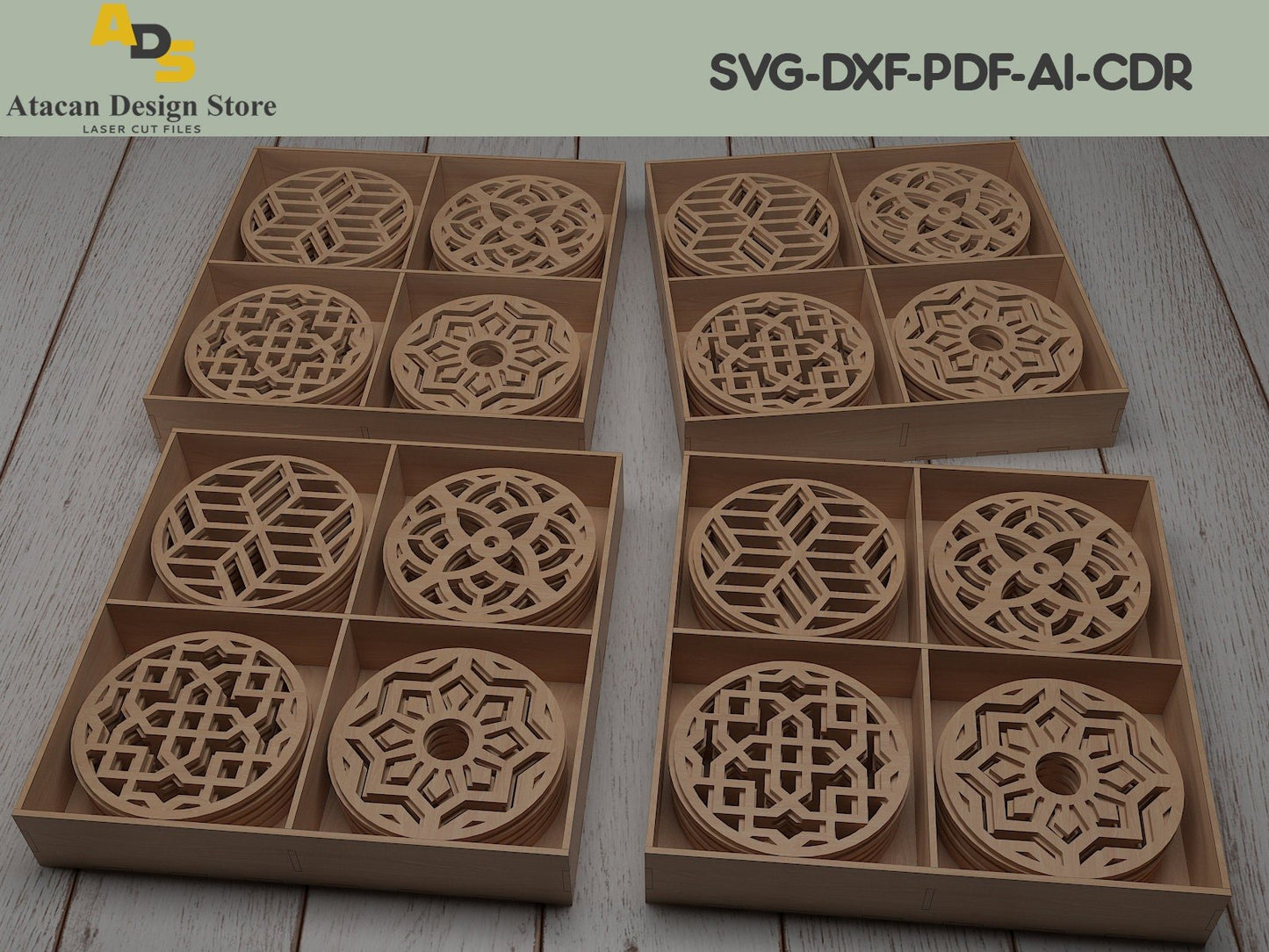 Laser cut Round Patterned Coaster Templates Set / Coasters for drink and Divided Box ADS207