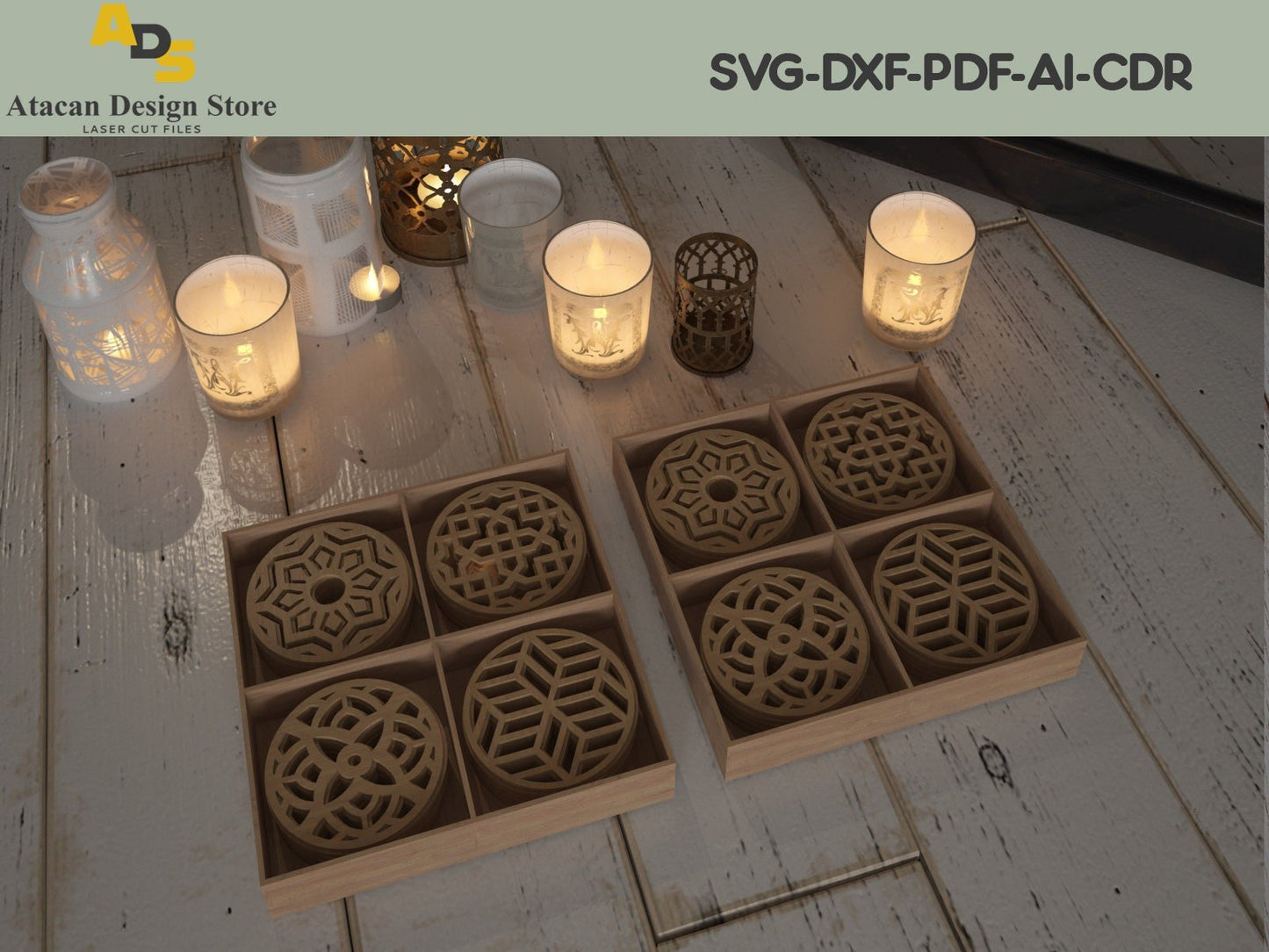 Laser cut Round Patterned Coaster Templates Set / Coasters for drink and Divided Box ADS207