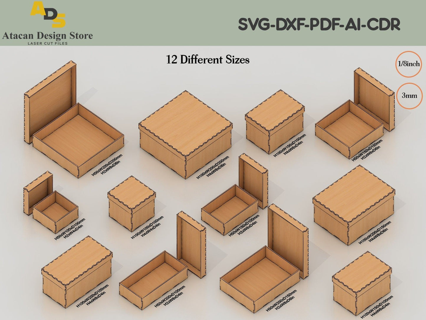 Laser Cut Storage Box With Lid / 12 Different Size Box Bundle / Svg, Cdr, Dxf Files ADS198