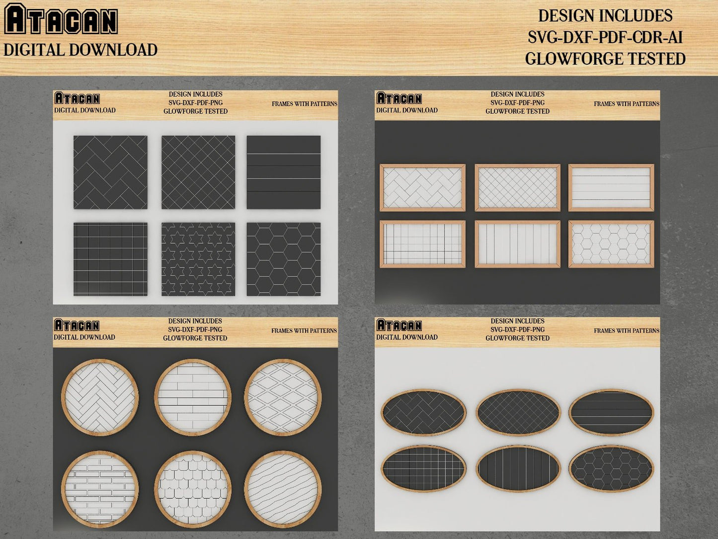 Laser SVG Framed Signs with Score Lines / Herringbone, Honeycomb, Shiplap Easy Cut Files 420