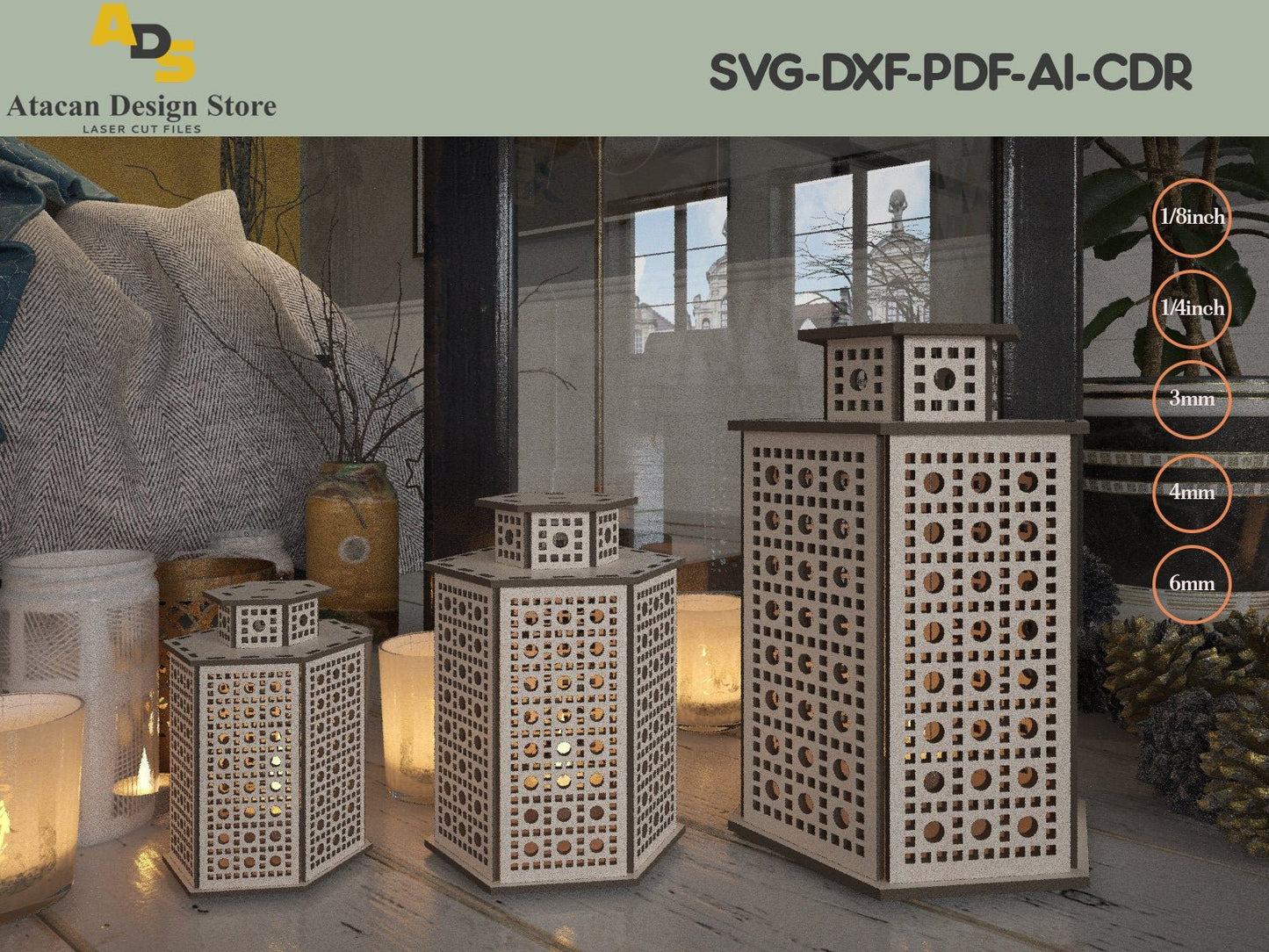 Laser Wooden Lamp shade Set / Lantern Light Template / 3 Size and Multiple Thickness ADS192