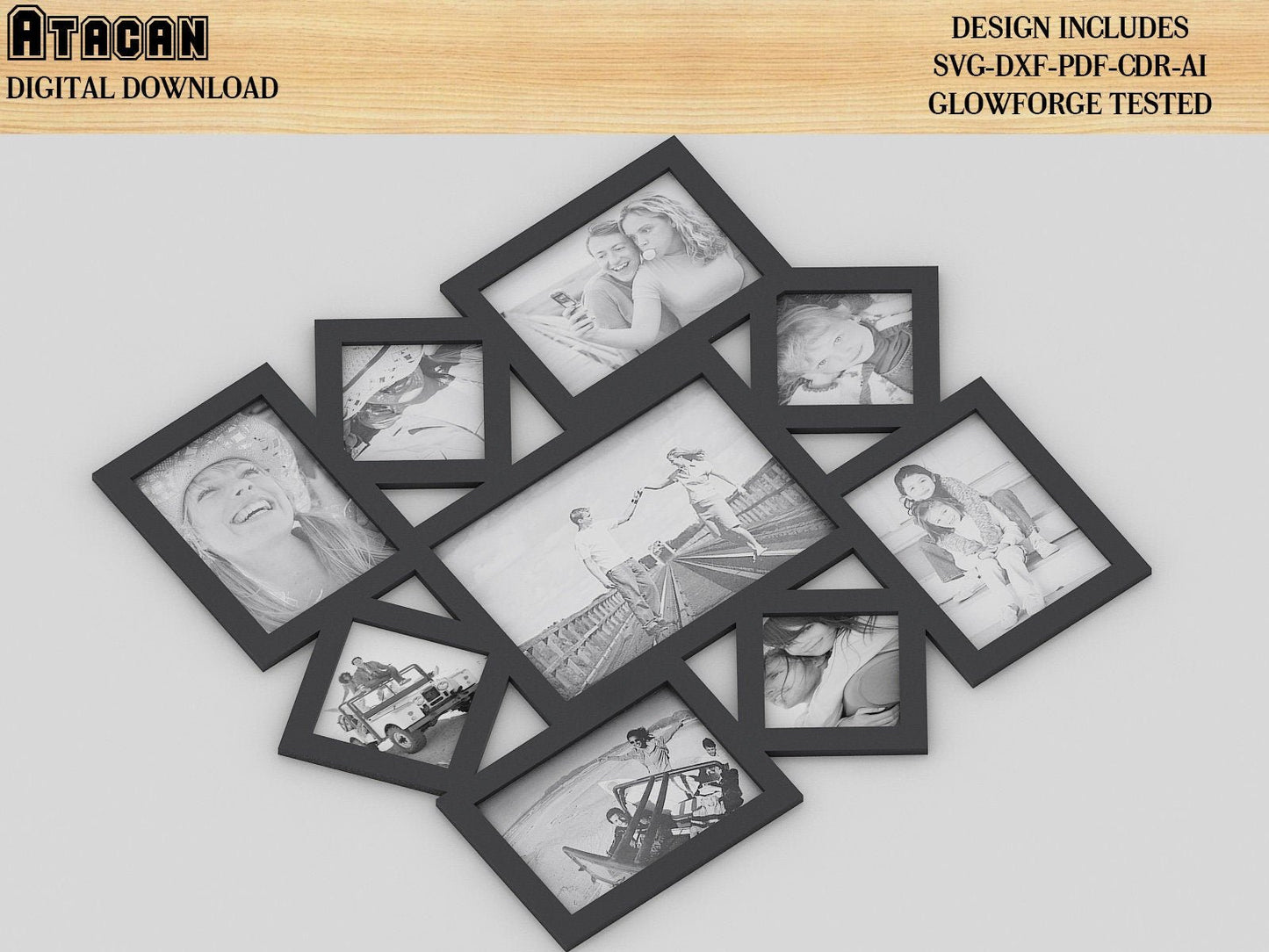 Multi Picture Frame Collage svg file, Collage Family Friends Collage Home Wall Picture Album, Frame laser cut template 304