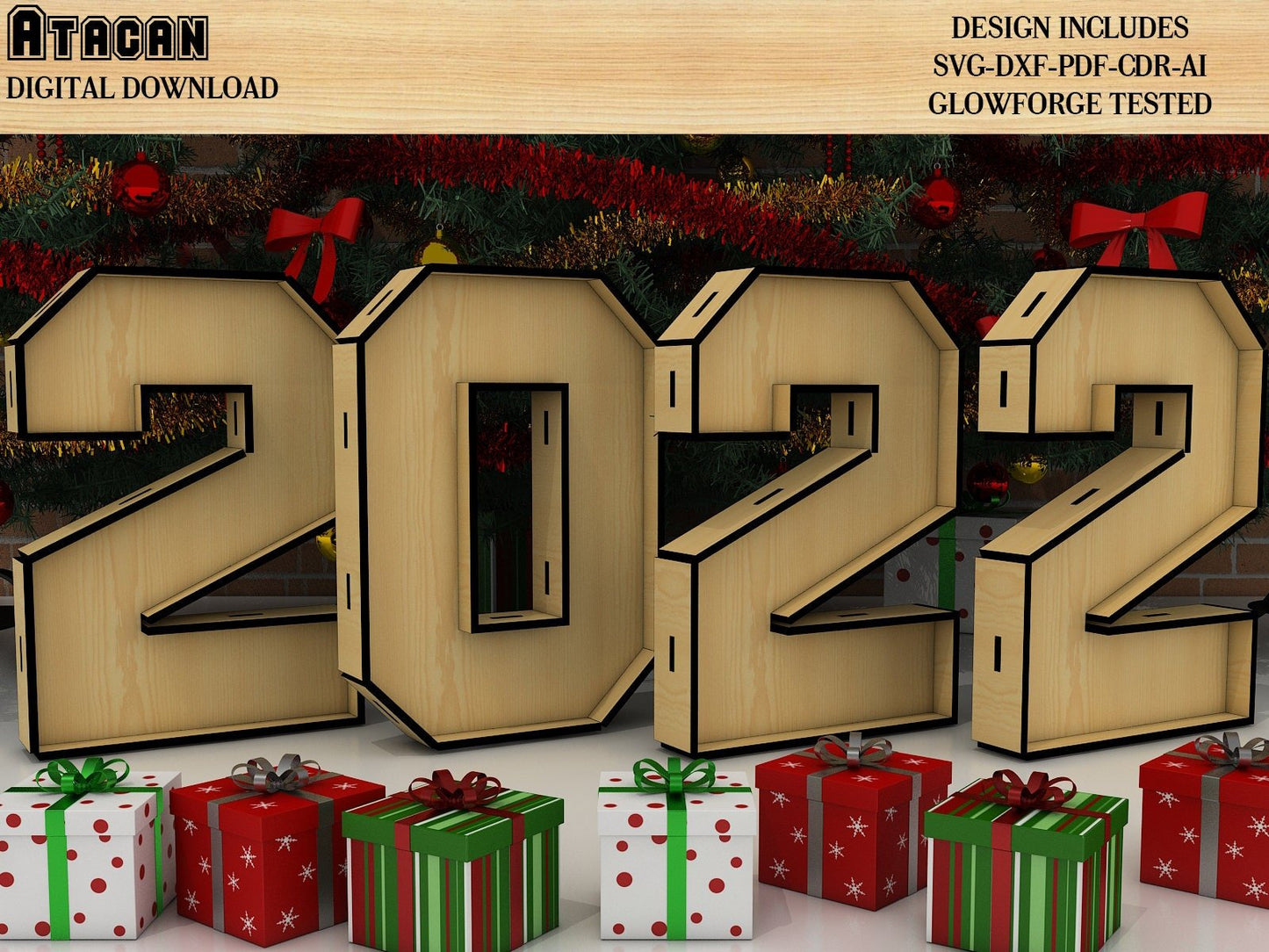 New Years 2022 - Wooden Numbers SVG Laser Cut vector files, Christmas Noel instant downloads 262