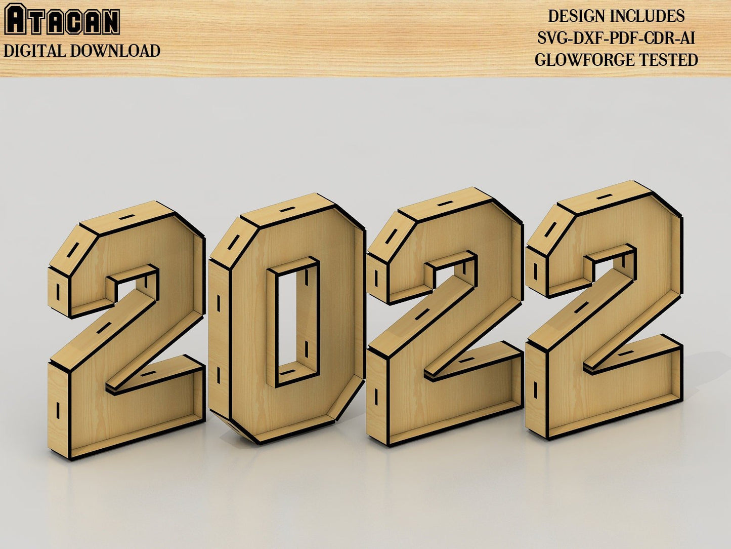 New Years 2022 - Wooden Numbers SVG Laser Cut vector files, Christmas Noel instant downloads 262