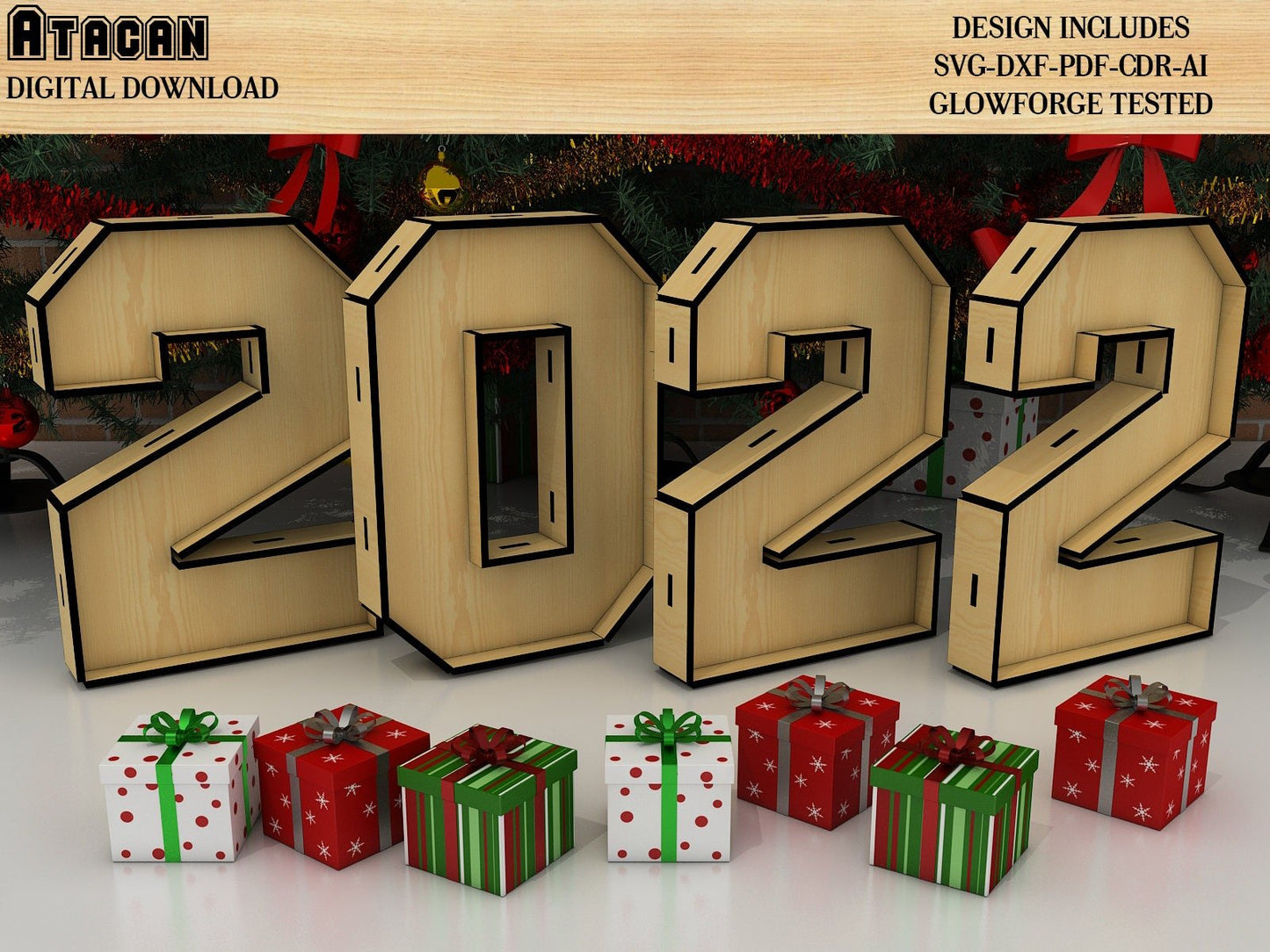 New Years 2022 - Wooden Numbers SVG Laser Cut vector files, Christmas Noel instant downloads 262