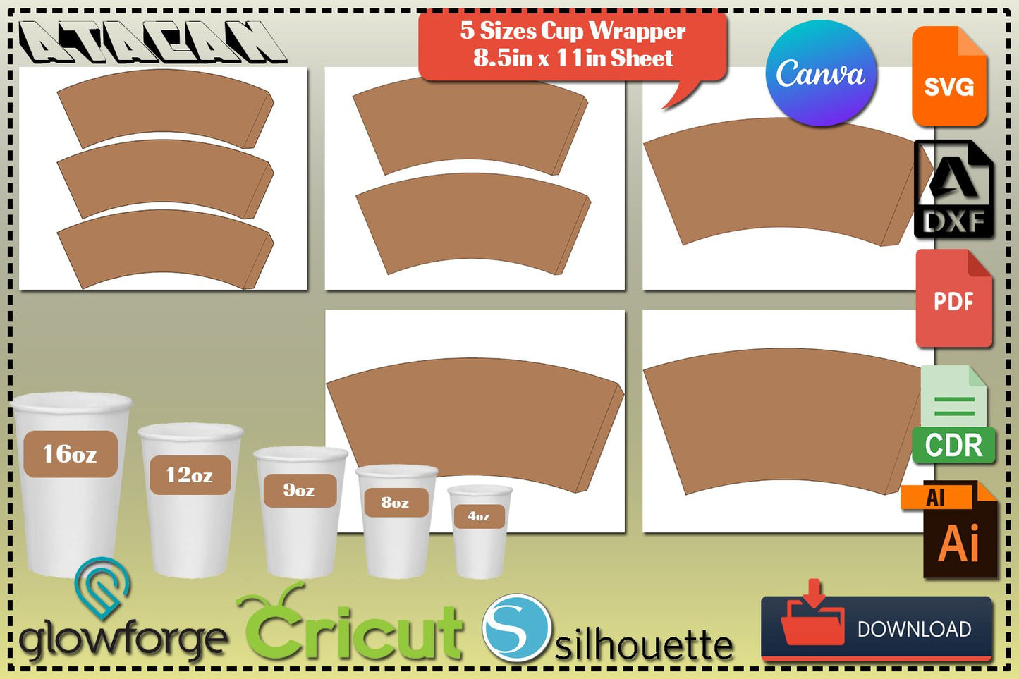 Paper Cup Wrapper Template / Paper Coffee Cup Template / Paper Cup Wrapper / Blank Cup Wrapper / Styrofoam Cup SVG DXF Ai CDR 368