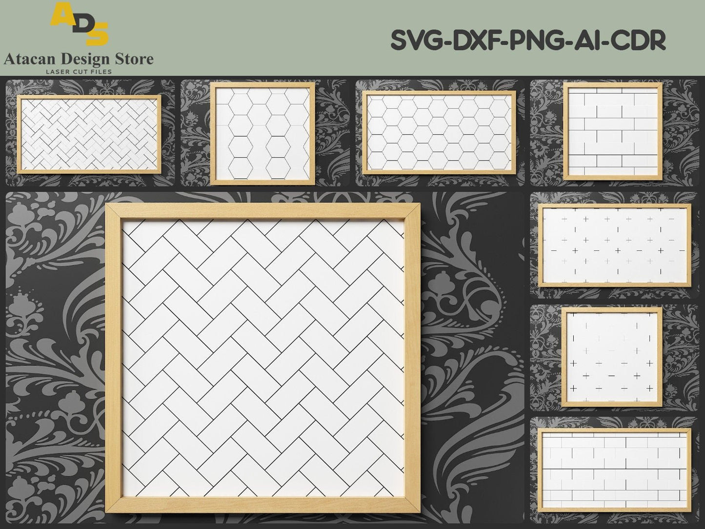 Patterns and Frame Bundle / Lightburn, Glowforge Laser Files / Herringbone, Tiles, Honeycomb and Cross Pattern SVG240