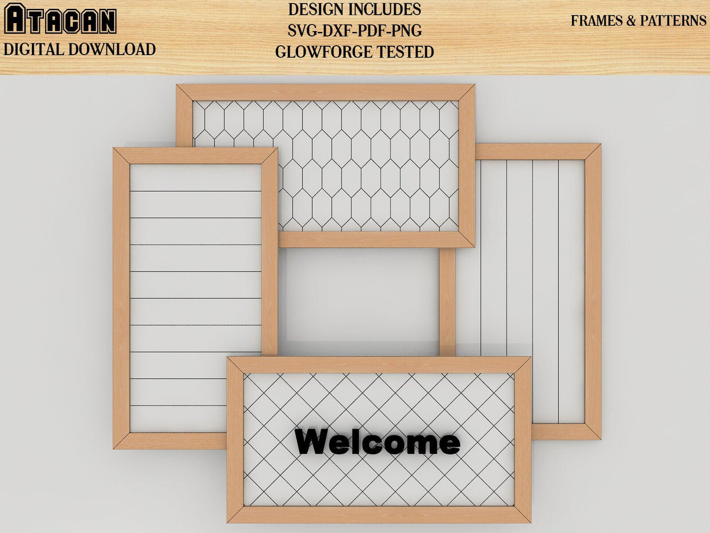 Patterns with Frame for Glowforge svg / Diamond Honeycomb vertical and horizontal lines laser cut files 138