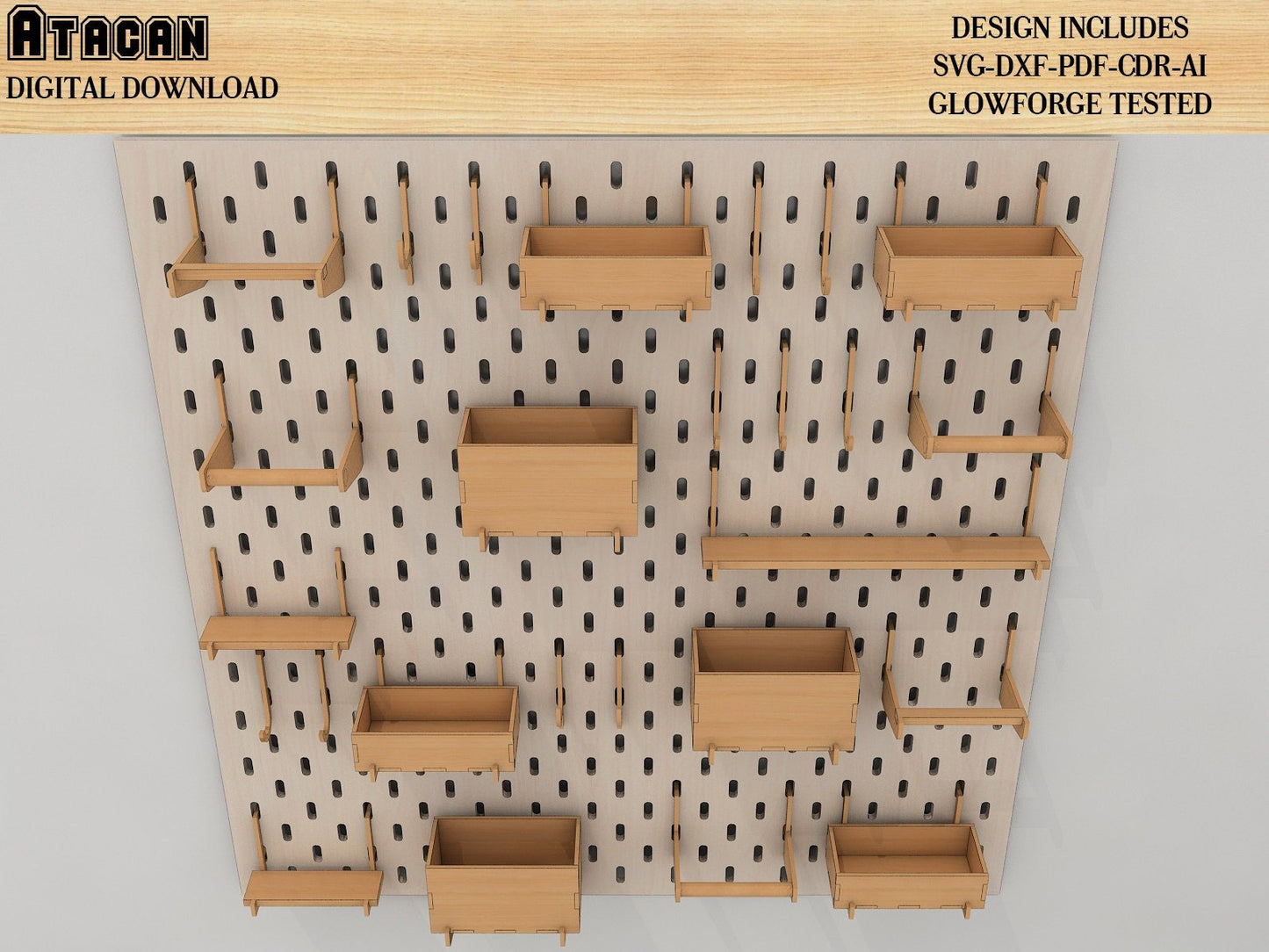 Pegboard SVG / Wooden Pegboard Accessories / Wall Pegboard / Peg Board Shelf / Laser Cut Files for Glowforge