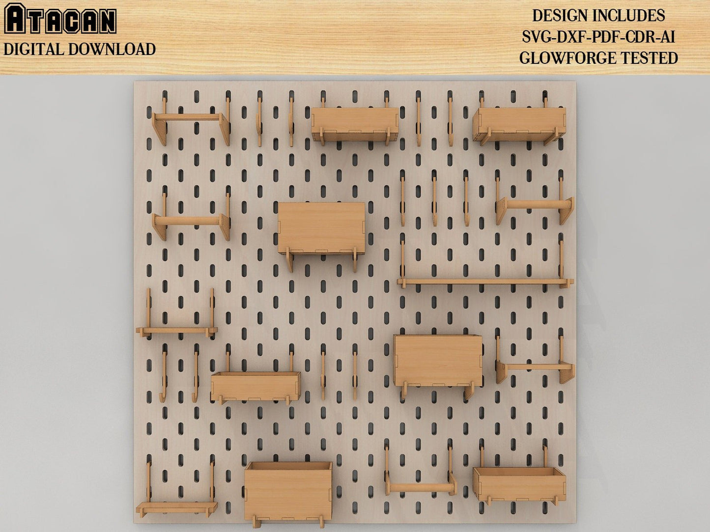 Pegboard SVG / Wooden Pegboard Accessories / Wall Pegboard / Peg Board Shelf / Laser Cut Files for Glowforge