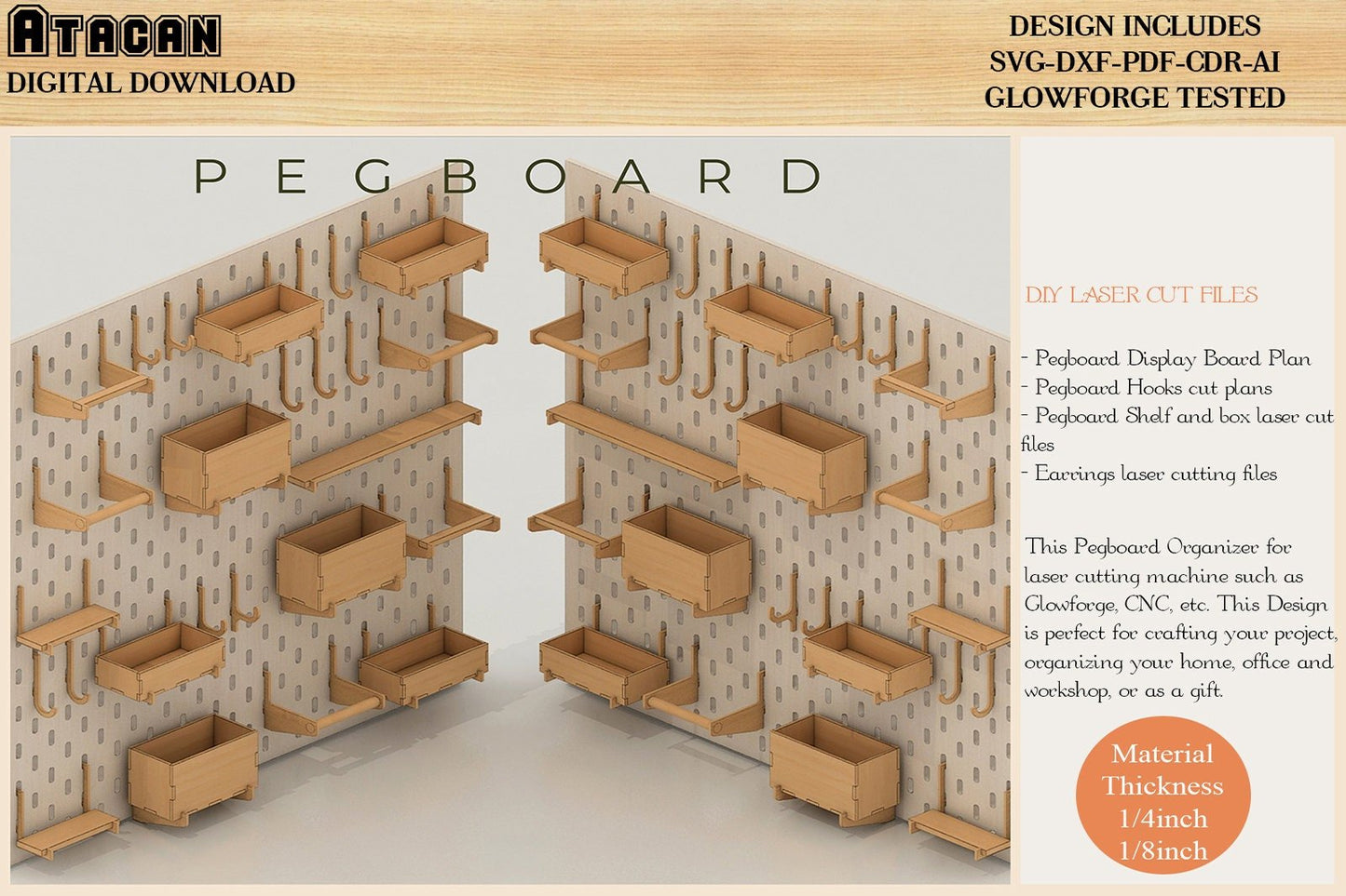 Pegboard SVG / Wooden Pegboard Accessories / Wall Pegboard / Peg Board Shelf / Laser Cut Files for Glowforge
