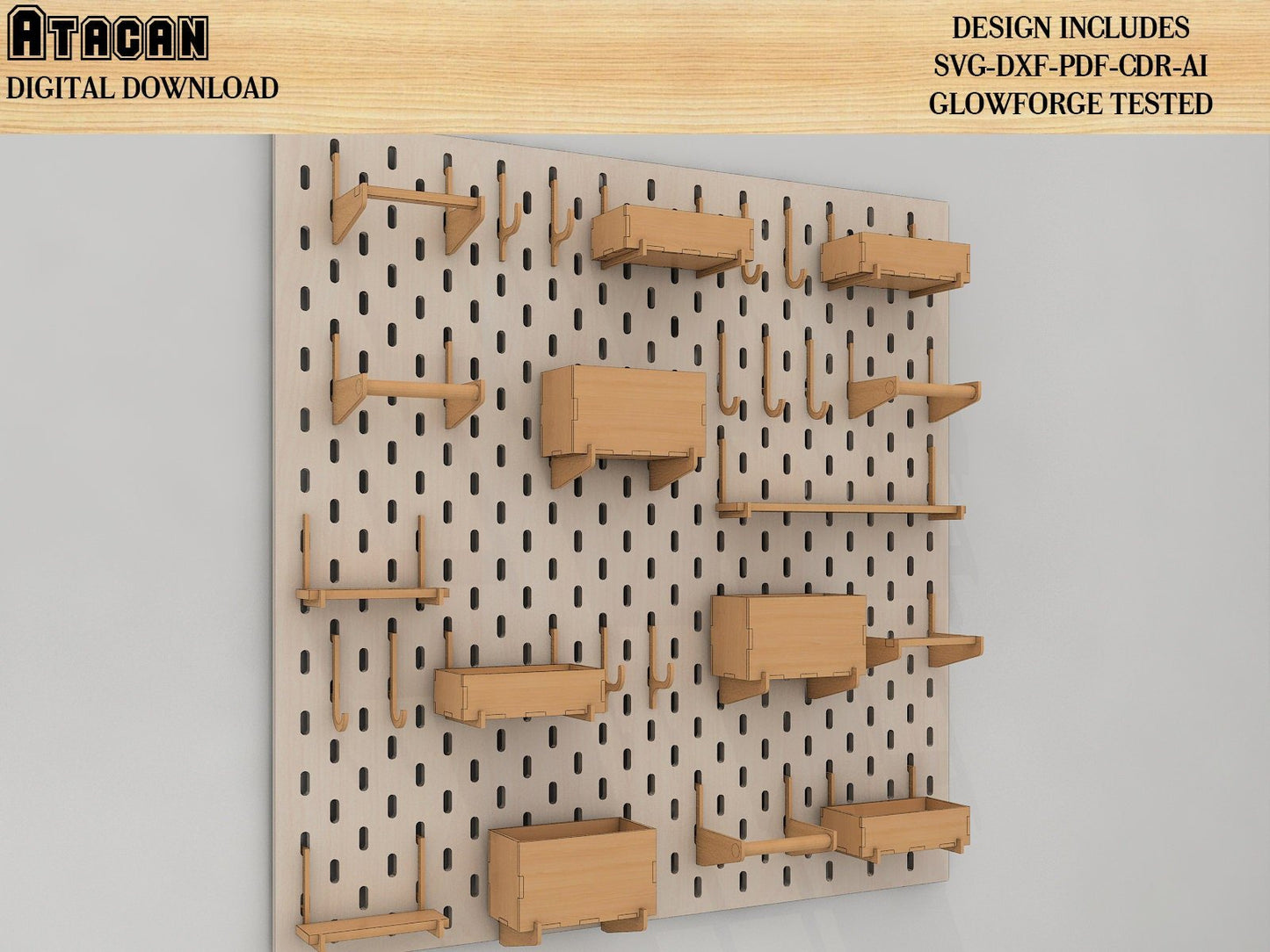 Pegboard SVG / Wooden Pegboard Accessories / Wall Pegboard / Peg Board Shelf / Laser Cut Files for Glowforge