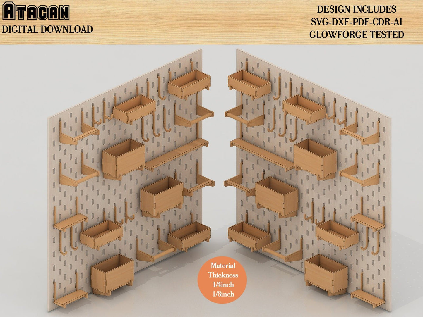 Pegboard SVG / Wooden Pegboard Accessories / Wall Pegboard / Peg Board Shelf / Laser Cut Files for Glowforge