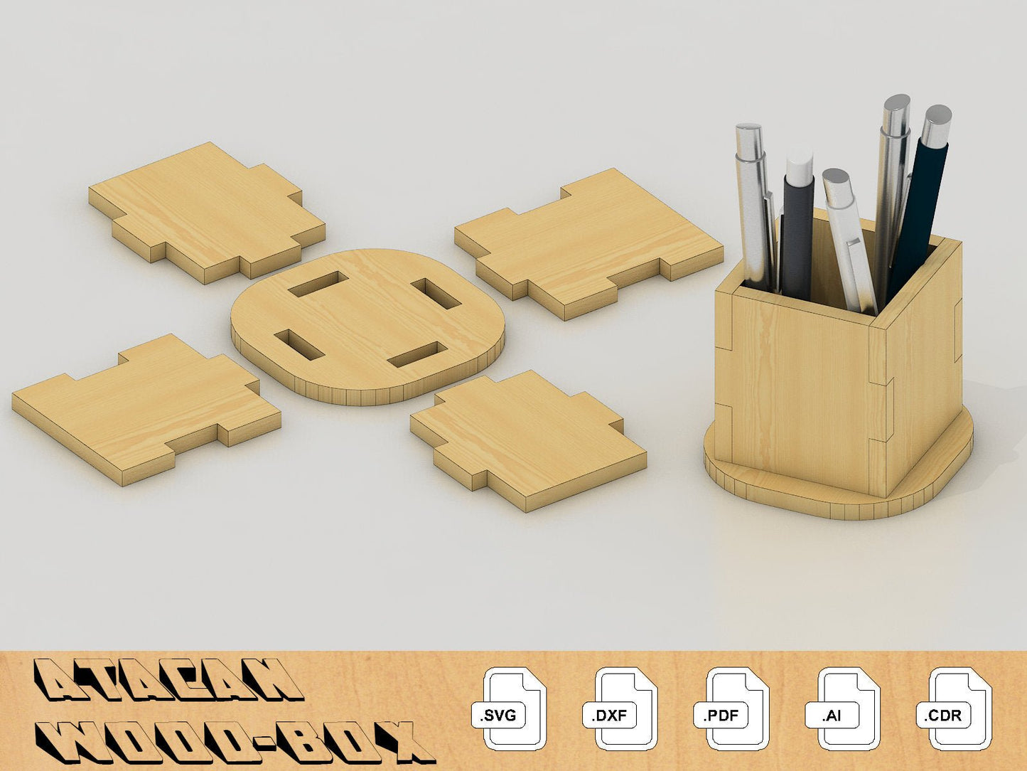 Pencil Holder Laser Cut SVG File - Wood Desk Organiser Accessories - Download Glowforge SVG Template 068