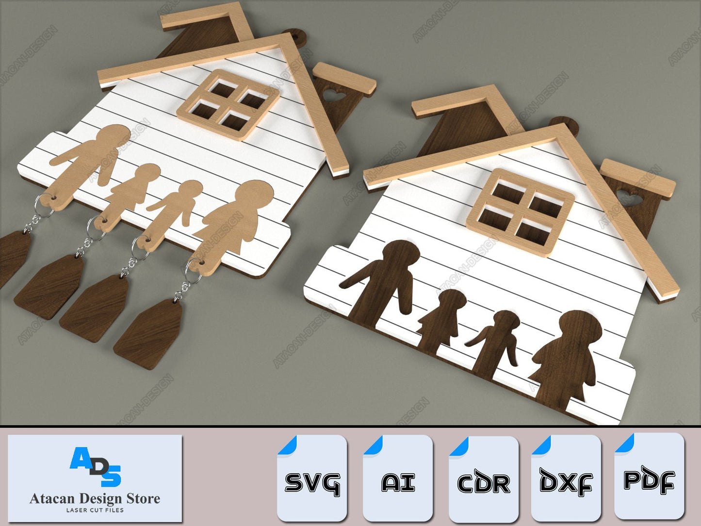 Personalized Family Key Holder / House Shape Wall Keyring Organiser / Wooden Laser Cut Files ADS364