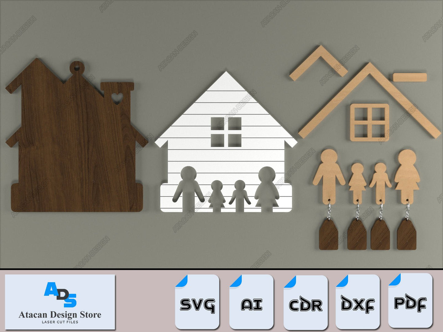 Personalized Family Key Holder / House Shape Wall Keyring Organiser / Wooden Laser Cut Files ADS364